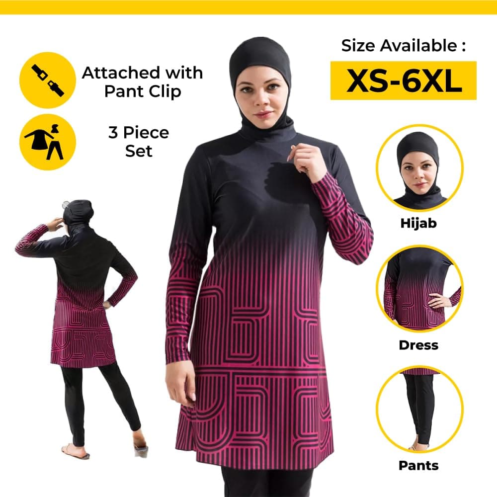 Dalaura Muslim Burkini Swimsuits for Women 3-Piece Set with Hijab – Full Coverage Modest Swimwear for Women - XS to Plus Size (CA/US, Alpha, 4X-Large, Regular, Regular, Maze Pink) thumbnail 3