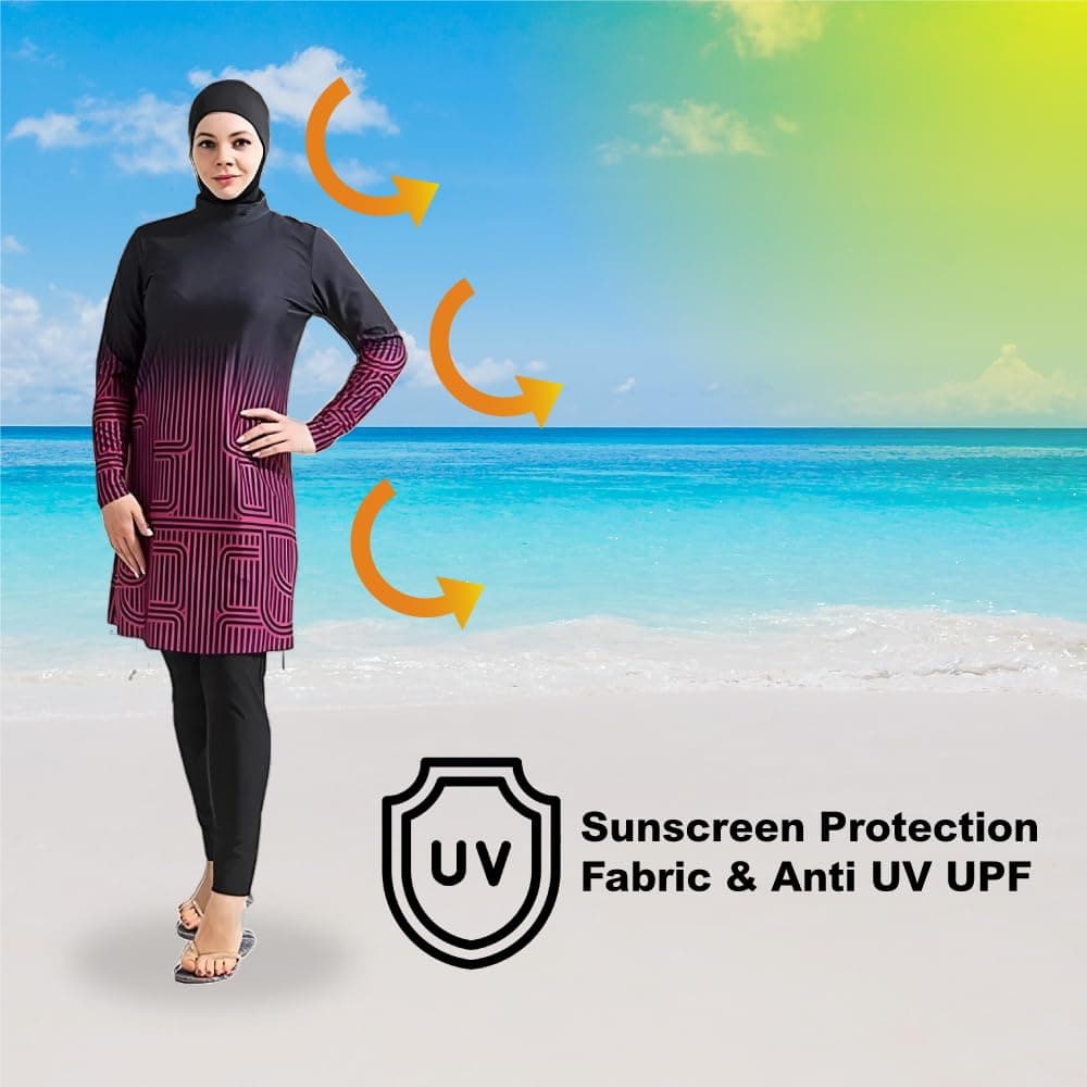 Dalaura Muslim Burkini Swimsuits for Women 3-Piece Set with Hijab – Full Coverage Modest Swimwear for Women - XS to Plus Size (CA/US, Alpha, 4X-Large, Regular, Regular, Maze Pink) thumbnail 4