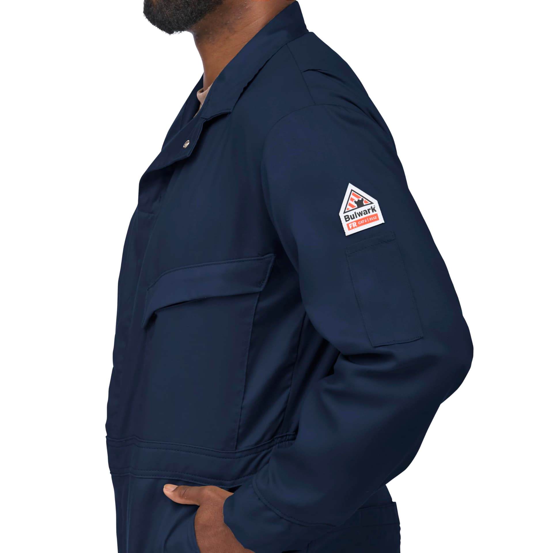 Bulwark Flame Resistant 6 oz Cotton/Nylon Excel FR ComforTouch Regular Deluxe Coverall with Concealed Snap On Cuff, Navy, Size 44 thumbnail 5