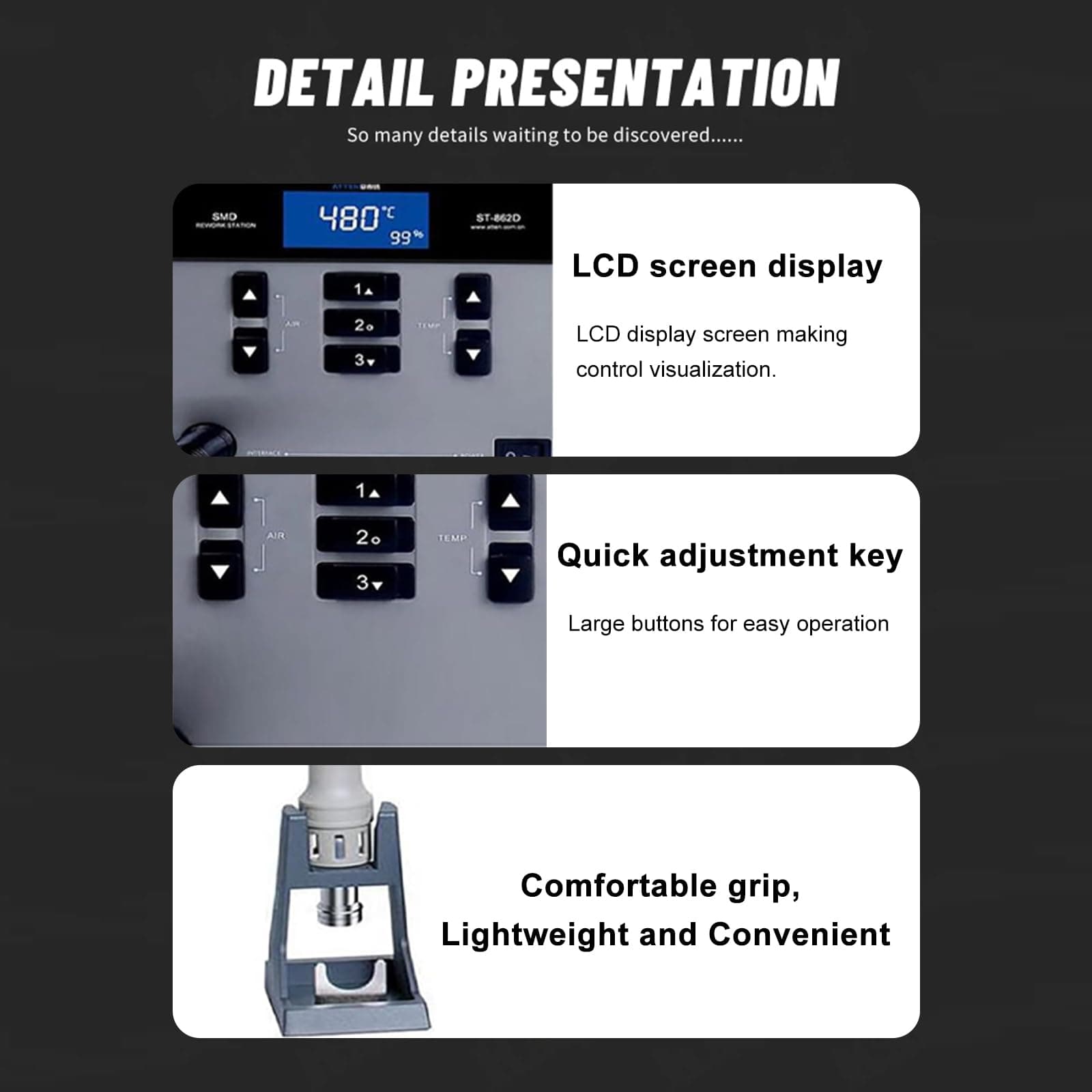 ATTEN ST-862D Lead-free Hot Air Gun Soldering Station Intelligent Digital Display 1000W ST862D Rework Station For PCB Chip Soldering Repair thumbnail 3