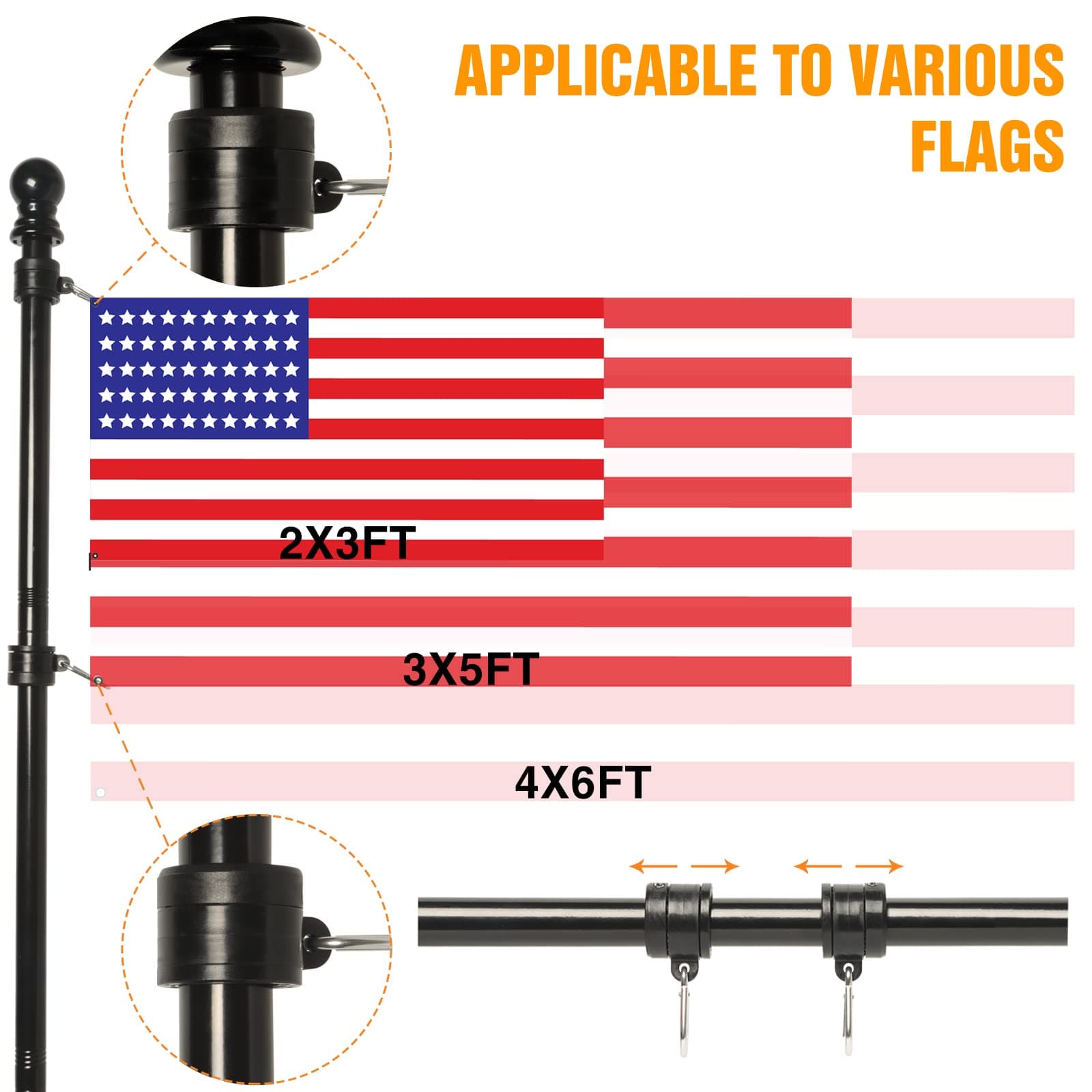 NELXINJO 5FT Black Stainless Steel Flag Pole Kit for Outside House Wall thumbnail 3