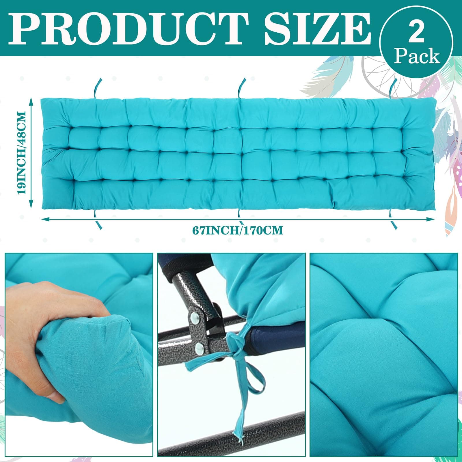 67 x 19 Inch Chaise Lounge Cushions Soft Lounge Chair Cushion Gravity Chair Cushion Sofa Lawn Furniture Cushion Pad with 6 Tie for Outdoor Indoor Patio Home Without Headrest (Lake Blue,2 Pcs) thumbnail 2