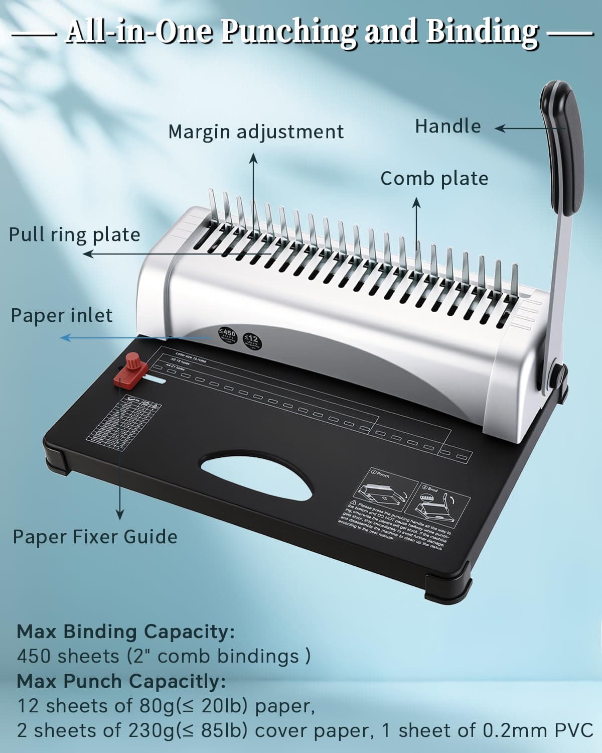 ATPEAM Comb Binding Machine 21-Holes 450 Sheets Capacity with 100 PCS 3/8'' Spines Comb Binding Machine for Letter Size, A4, A5 thumbnail 4