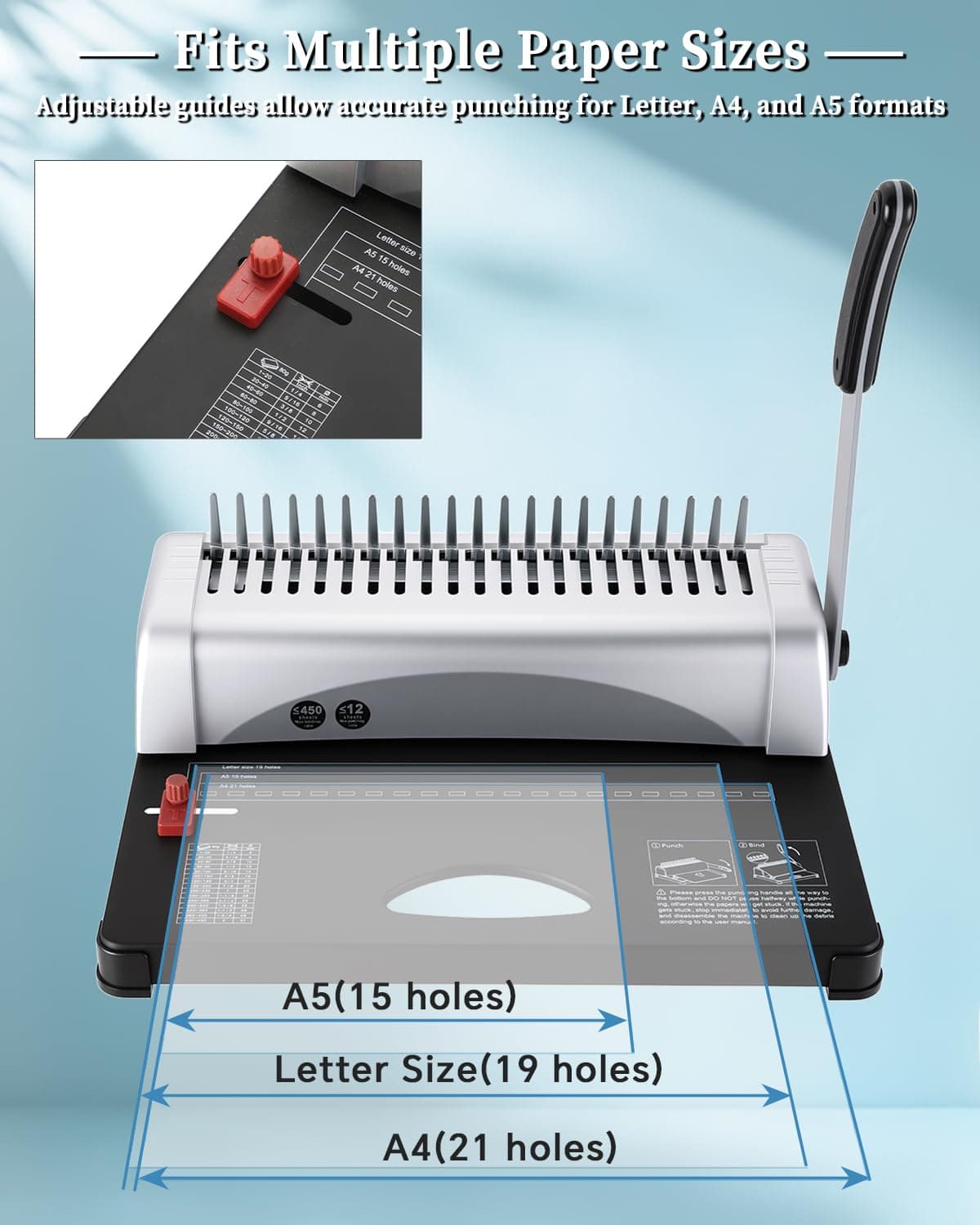 ATPEAM Comb Binding Machine 21-Holes 450 Sheets Capacity with 100 PCS 3/8'' Spines Comb Binding Machine for Letter Size, A4, A5 thumbnail 3