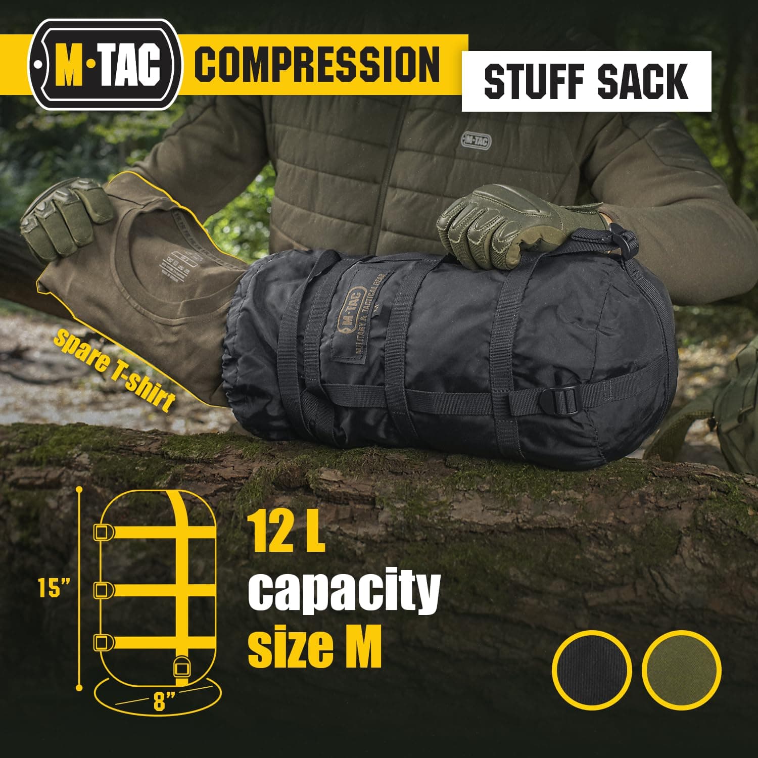 M-Tac Compression Stuff Sack for Sleeping Bag Military Water Resistant Compression Bag Lightweight Nylon Compression Sack for Travel, Camping, Hiking, Outdoor (Black, M - 12 liters) thumbnail 4