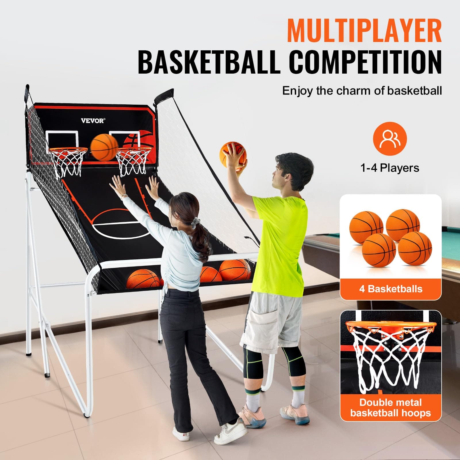 VEVOR Foldable Basketball Arcade, 2 Player Indoor Basketball, Home Dual Shot Sport With 4 Balls, 8 Game Modes, Electronic Scoreboard, and Inflation Pump, for Kids, Adults (Black & White) thumbnail 5