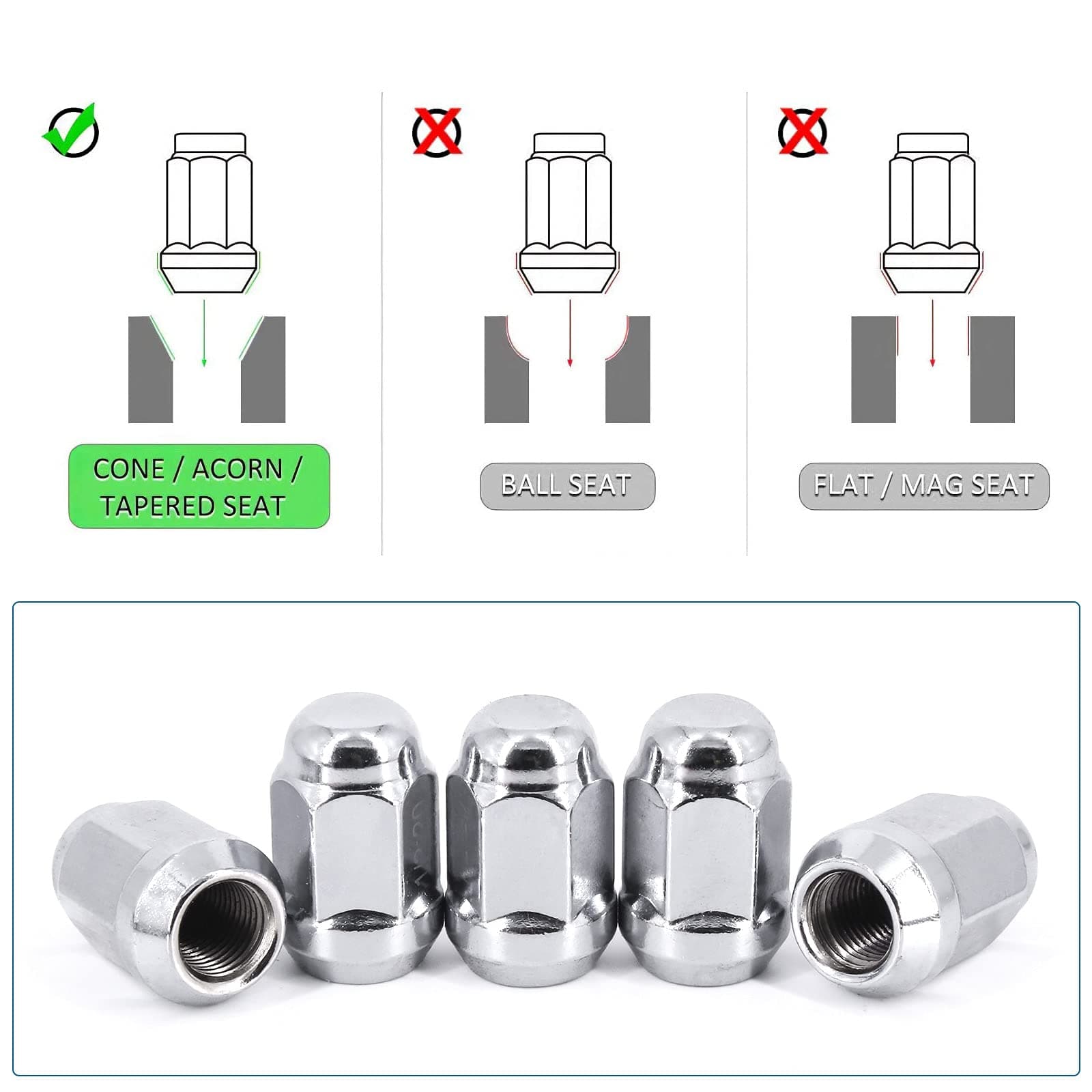 20Pcs 1/2"-20 Chrome Lug Nuts 1/2x20 Wheel Lug Nut Compatible with Jeep Wrangler Grand Cherokee Commander Liberty Ford Explorer Mustang Bronco Most 5 Lug 4 Lug Wheels thumbnail 5