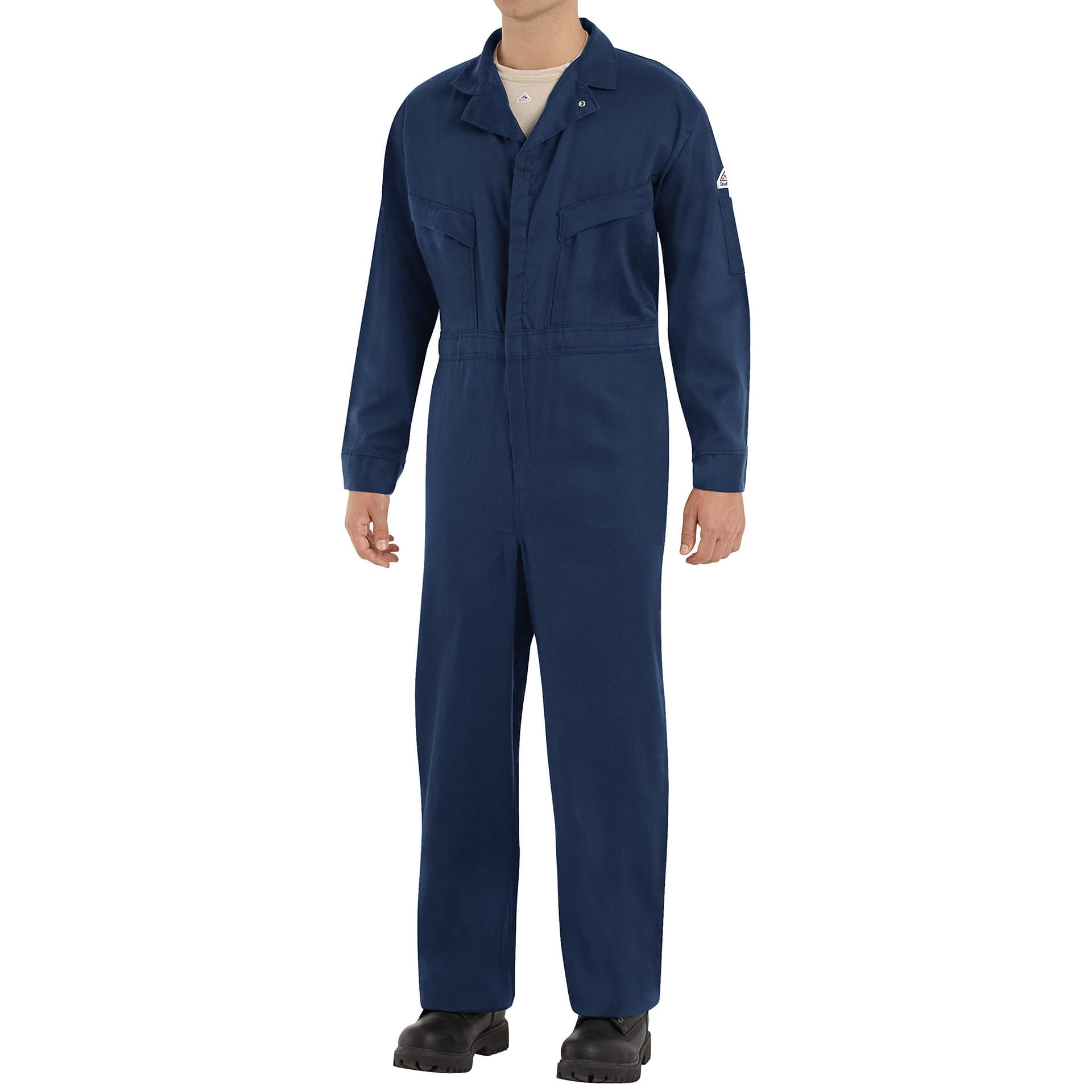 Bulwark Flame Resistant 6 oz Cotton/Nylon Excel FR ComforTouch Regular Deluxe Coverall with Concealed Snap On Cuff, Navy, Size 44 — image 1