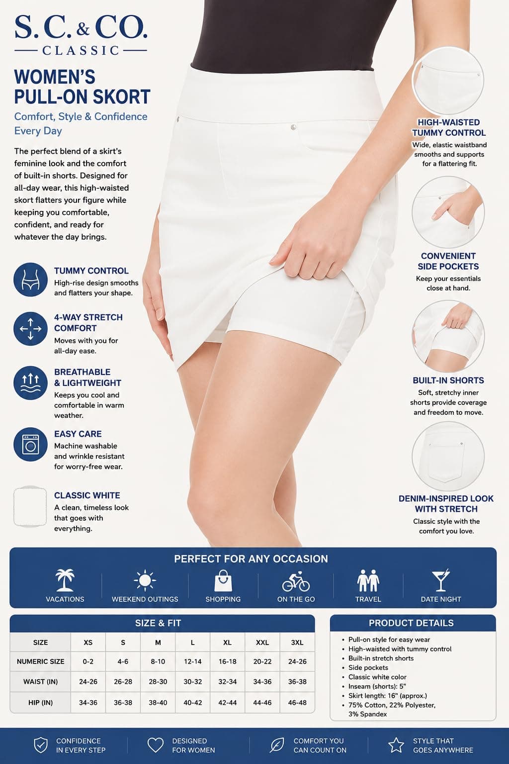 S.C. & CO. Classic Women's Pull-On High-Waisted Denim Skort with Tummy Control, Casual Stretch Jean Skort for Everyday Wear, Regular, Medium, White thumbnail 3
