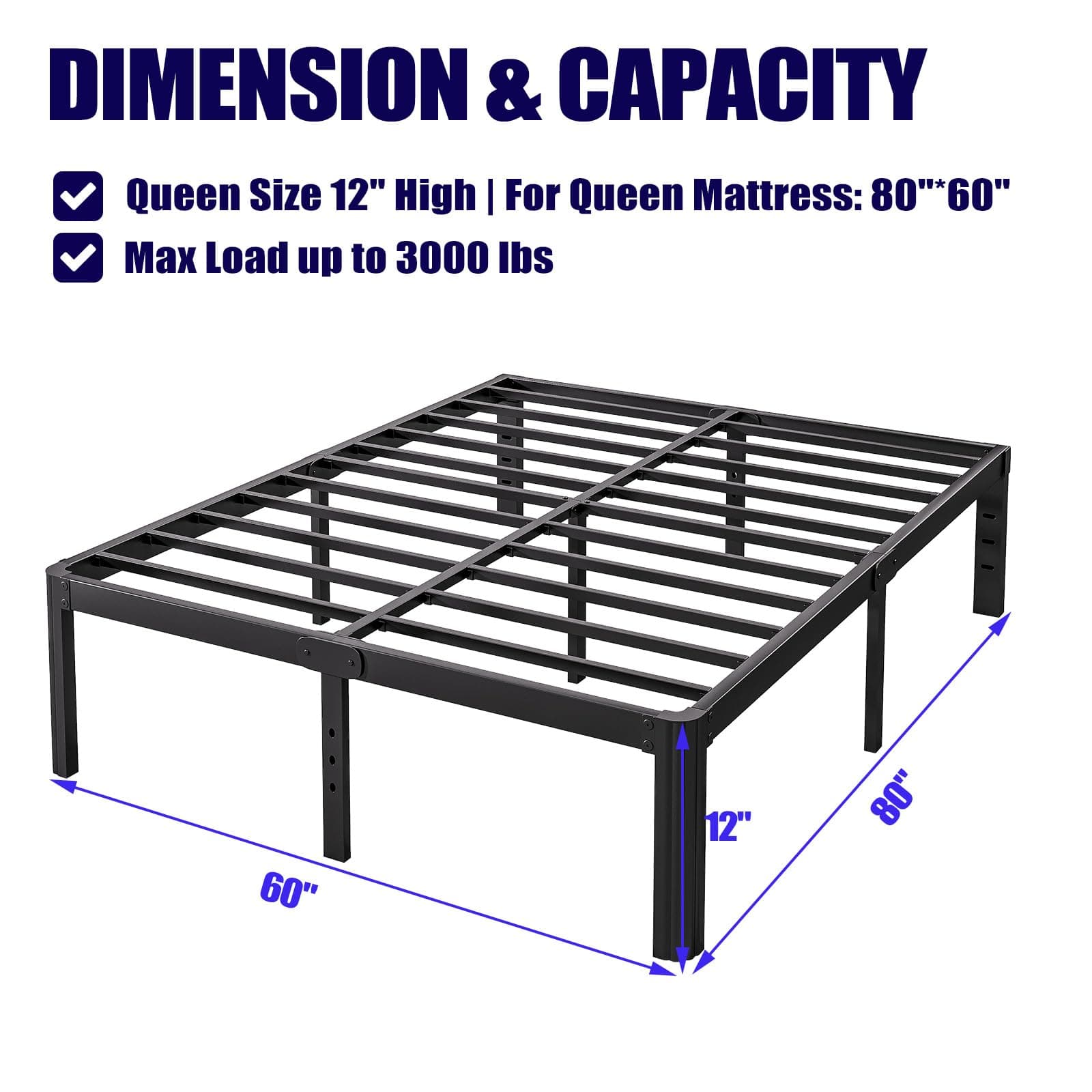 Hunlostten 18in High Queen Bed Frame No Box Spring Needed, Heavy Duty Metal Platform Bed Frame Queen Size with Round Corners, Easy Assembly, Noise Free, Black thumbnail 3