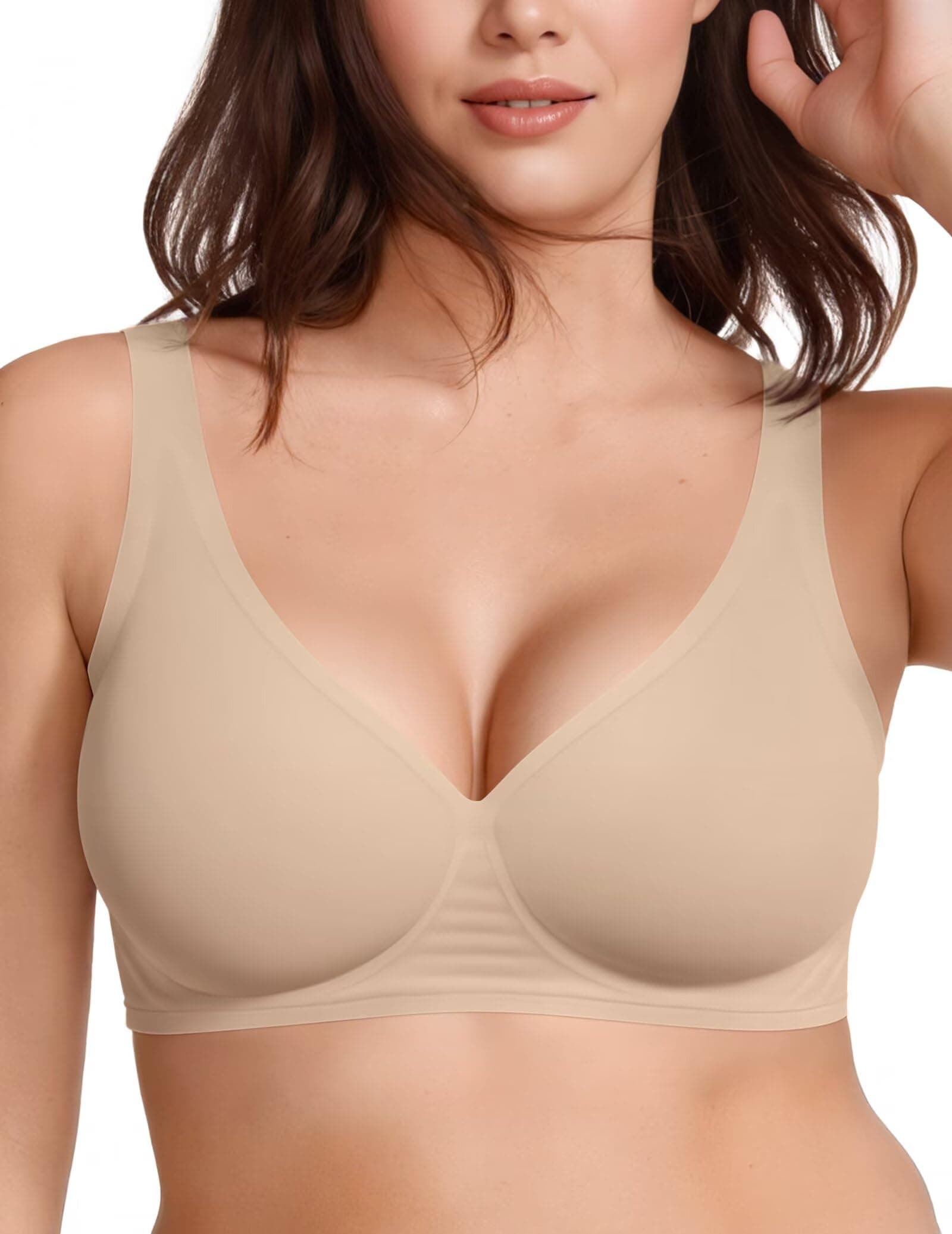 Vertvie Jelly Wireless Bras for Women Push Up Plunge Seamless T-Shirt Bras No Underwire Supportive Full Coverage Bralettes, Dark Nude, Medium — image 1