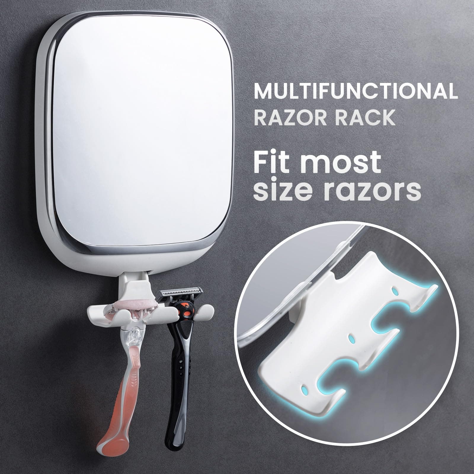 TAILI Shower Shaving Mirror Anti Fog with Razor Holder with Powerful Suction Cup NO-Drilling & Removable, Fogless Mirror Suction Shatterproof & Waterproof Wall Mounted(White) thumbnail 5
