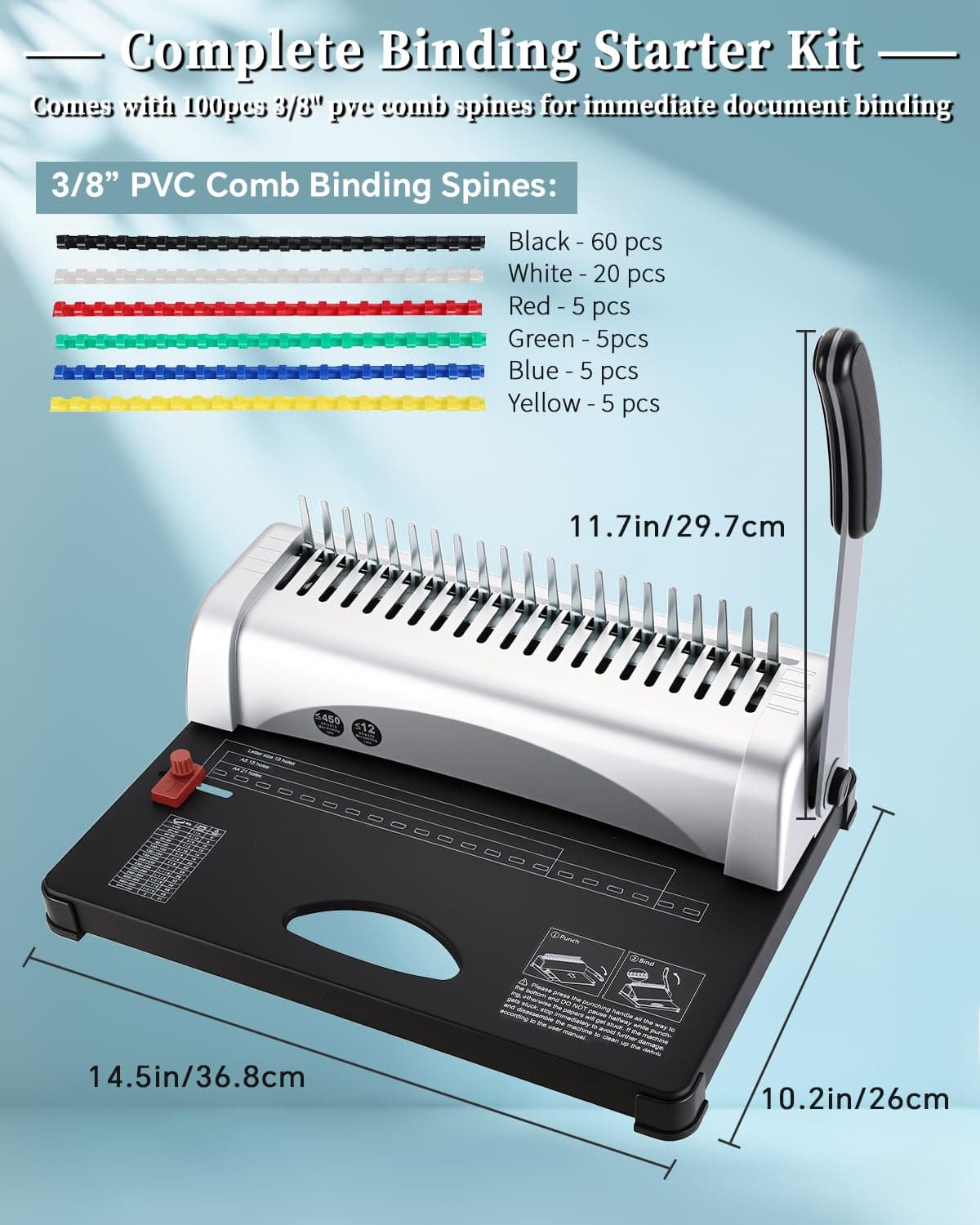 ATPEAM Comb Binding Machine 21-Holes 450 Sheets Capacity with 100 PCS 3/8'' Spines Comb Binding Machine for Letter Size, A4, A5 thumbnail 2