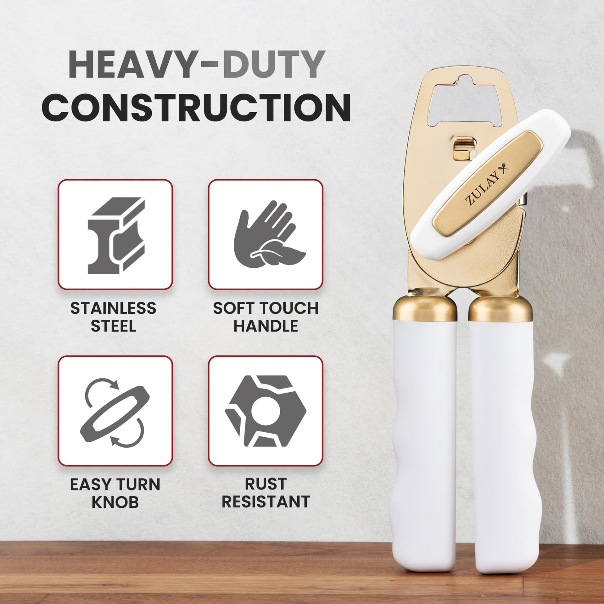 Zulay Kitchen Heavy Duty Stainless Steel Can Opener Manual with Bottle Opener - Rust Proof Manual Can Opener with Turn Knob & Soft Grip Handles - White/Gold thumbnail 3