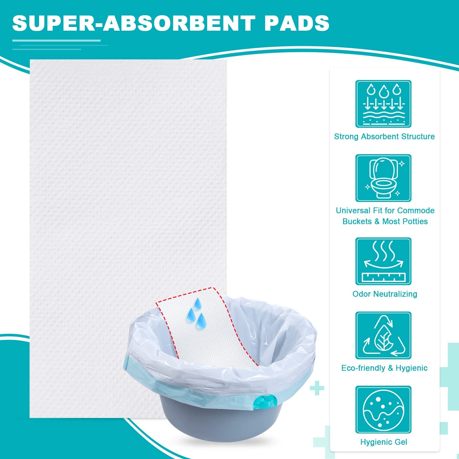 Oumee 90 Count Absorbent Commode Pads for Bedside Commode Bucket, Commode Liners Pads with Absorbent Gel, Potty Liner Pads for Adults Portable Toilet Bags Bedpans (90 Pcs) thumbnail 4