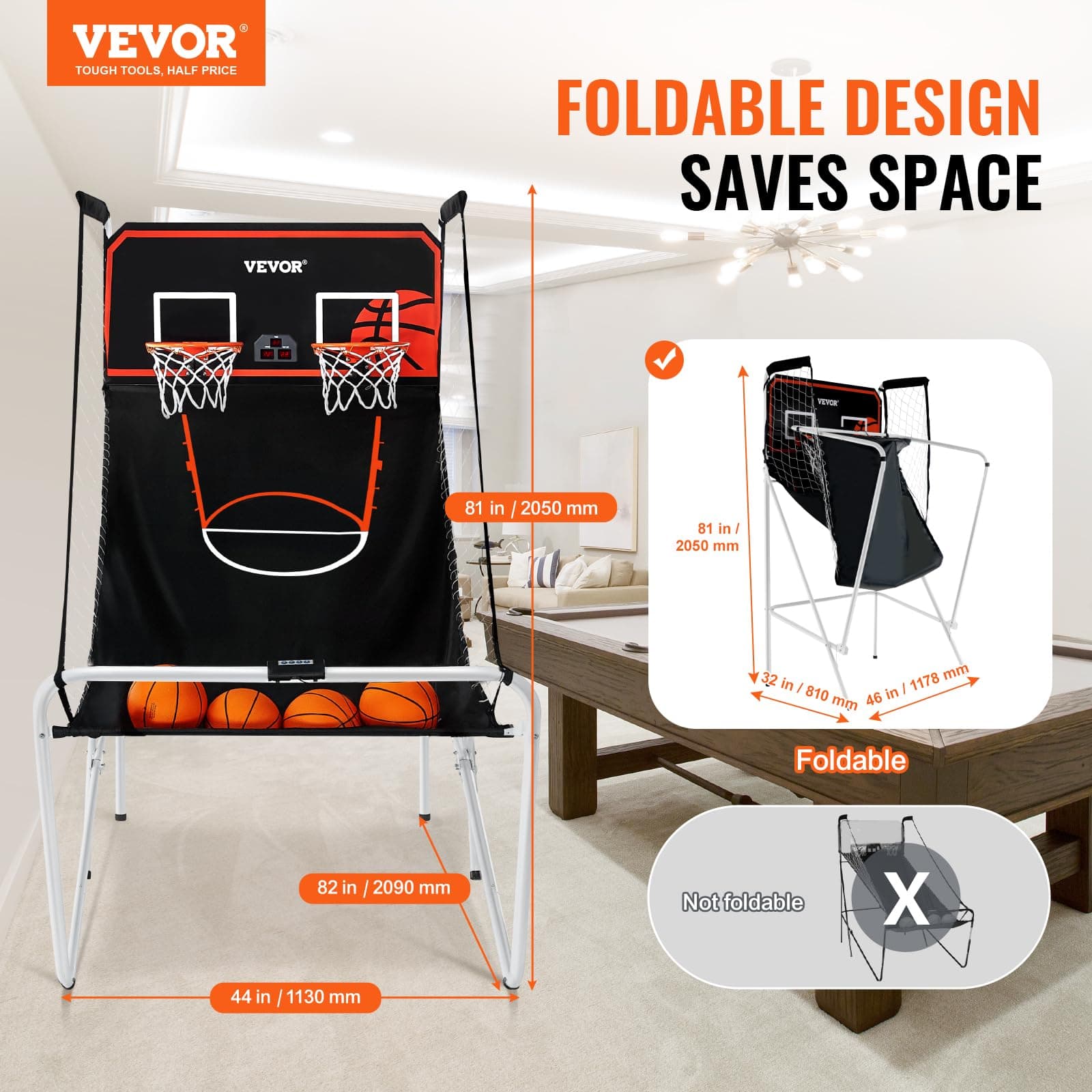 VEVOR Foldable Basketball Arcade, 2 Player Indoor Basketball, Home Dual Shot Sport With 4 Balls, 8 Game Modes, Electronic Scoreboard, and Inflation Pump, for Kids, Adults (Black & White) thumbnail 2