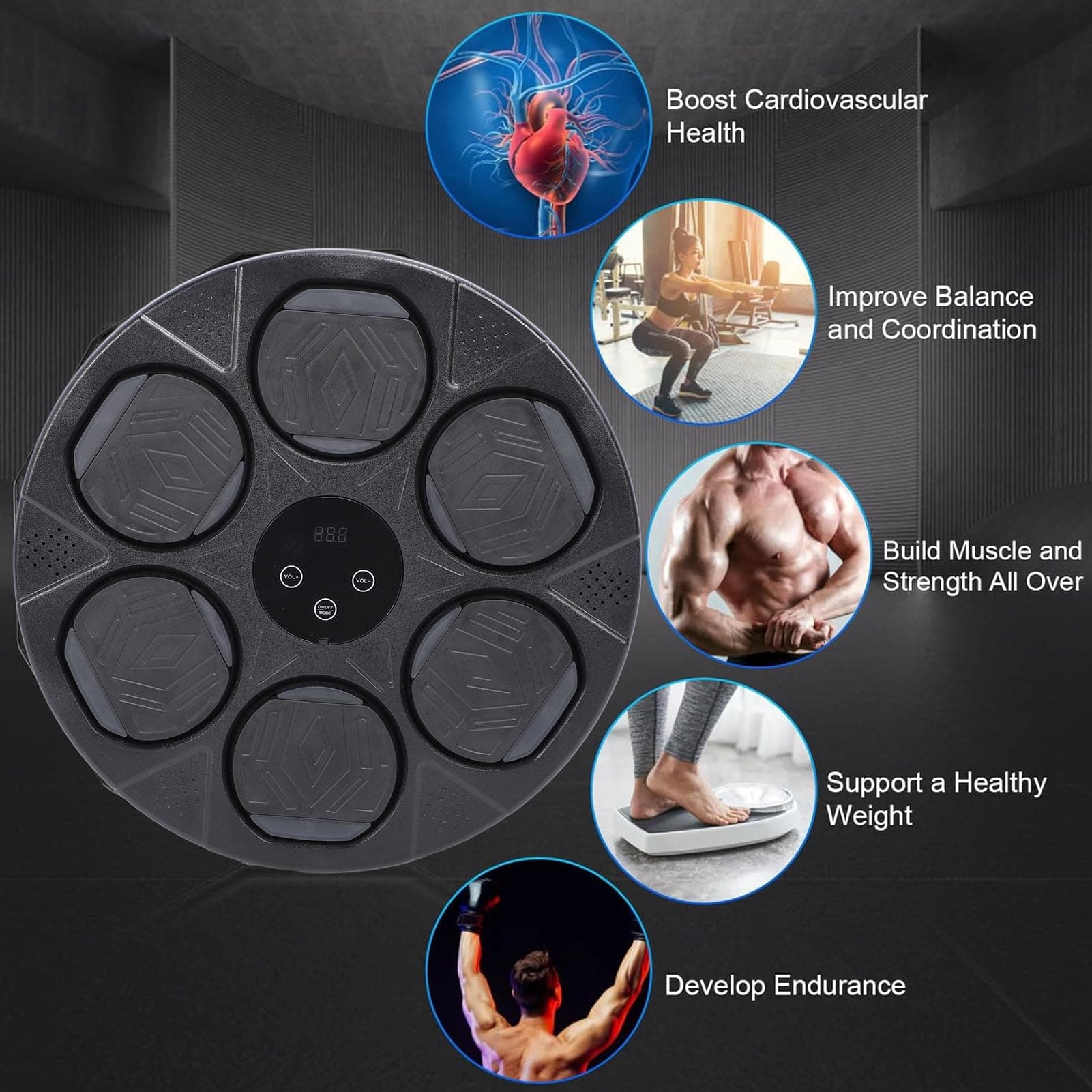 Smart Music Boxing Machine with Gloves Target, Home Fitness Exercise Equipment with LED Screen, Surround Speaker (Black) thumbnail 3