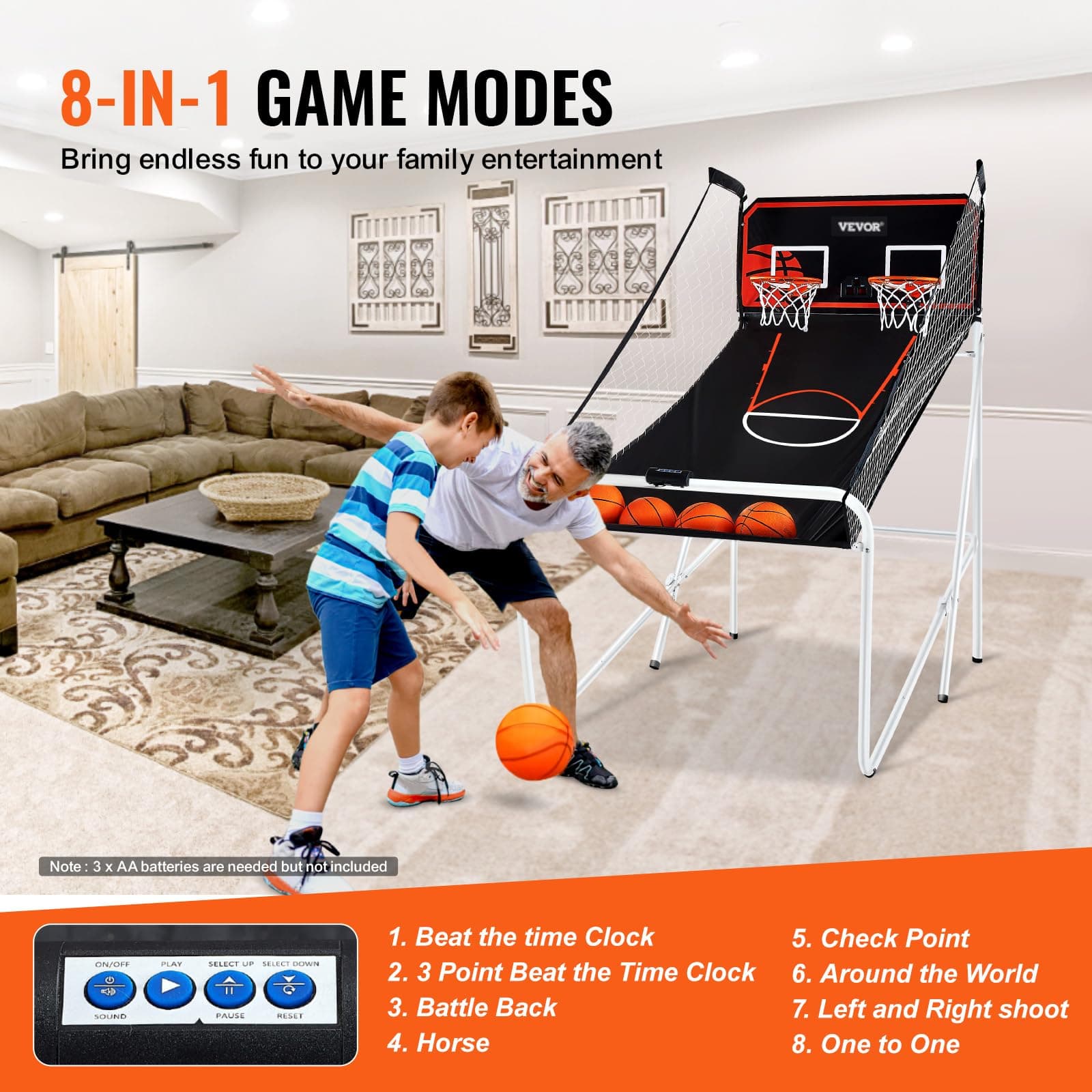 VEVOR Foldable Basketball Arcade, 2 Player Indoor Basketball, Home Dual Shot Sport With 4 Balls, 8 Game Modes, Electronic Scoreboard, and Inflation Pump, for Kids, Adults (Black & White) thumbnail 4