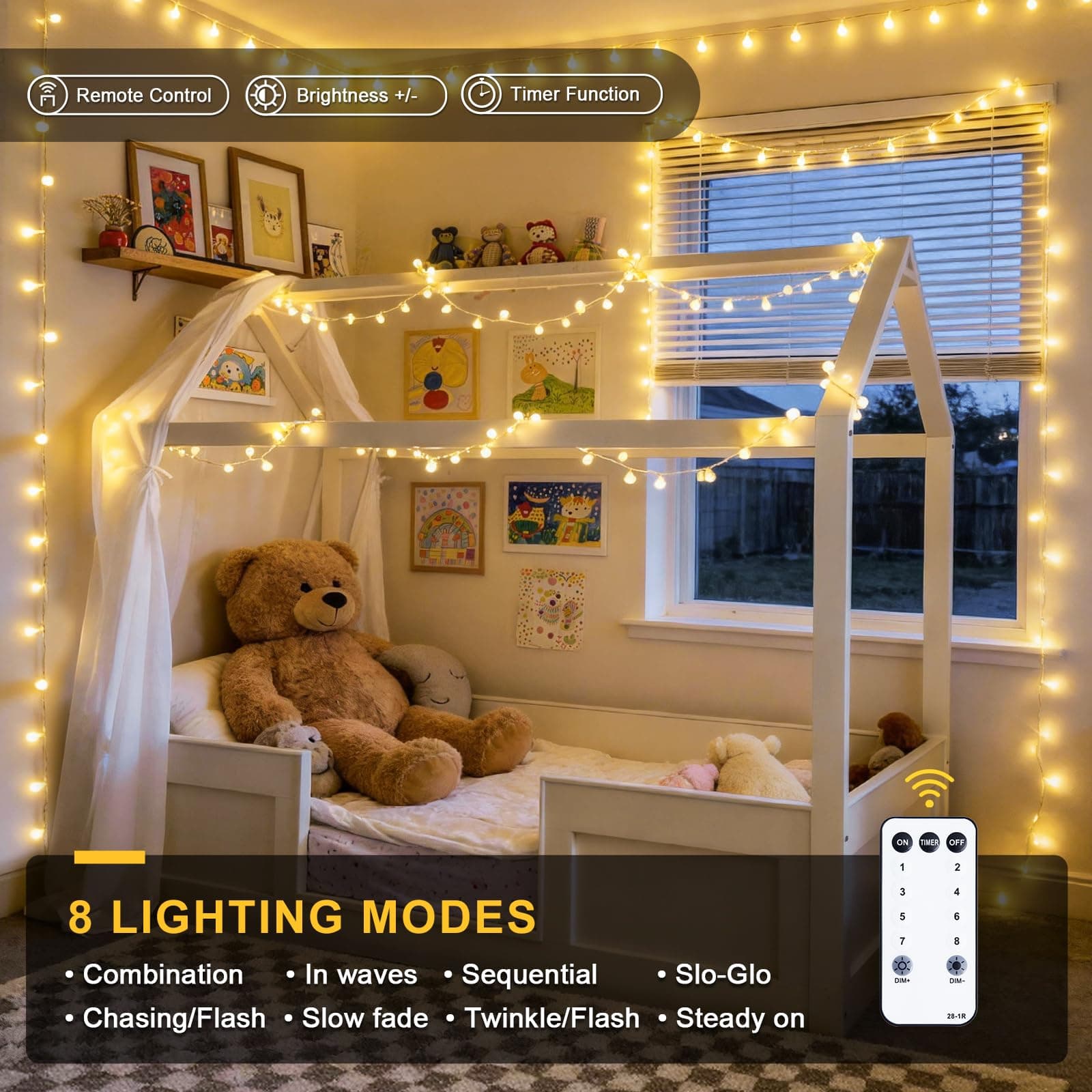 JMEXSUSS 100 LED Connectable Globe String Lights Indoor Bedroom, 33ft Warm White Christmas String Lights Plug in with Remote, 8 Modes Hanging Fairy Lights Outdoor for Room Classroom Dorm Party Decor thumbnail 5
