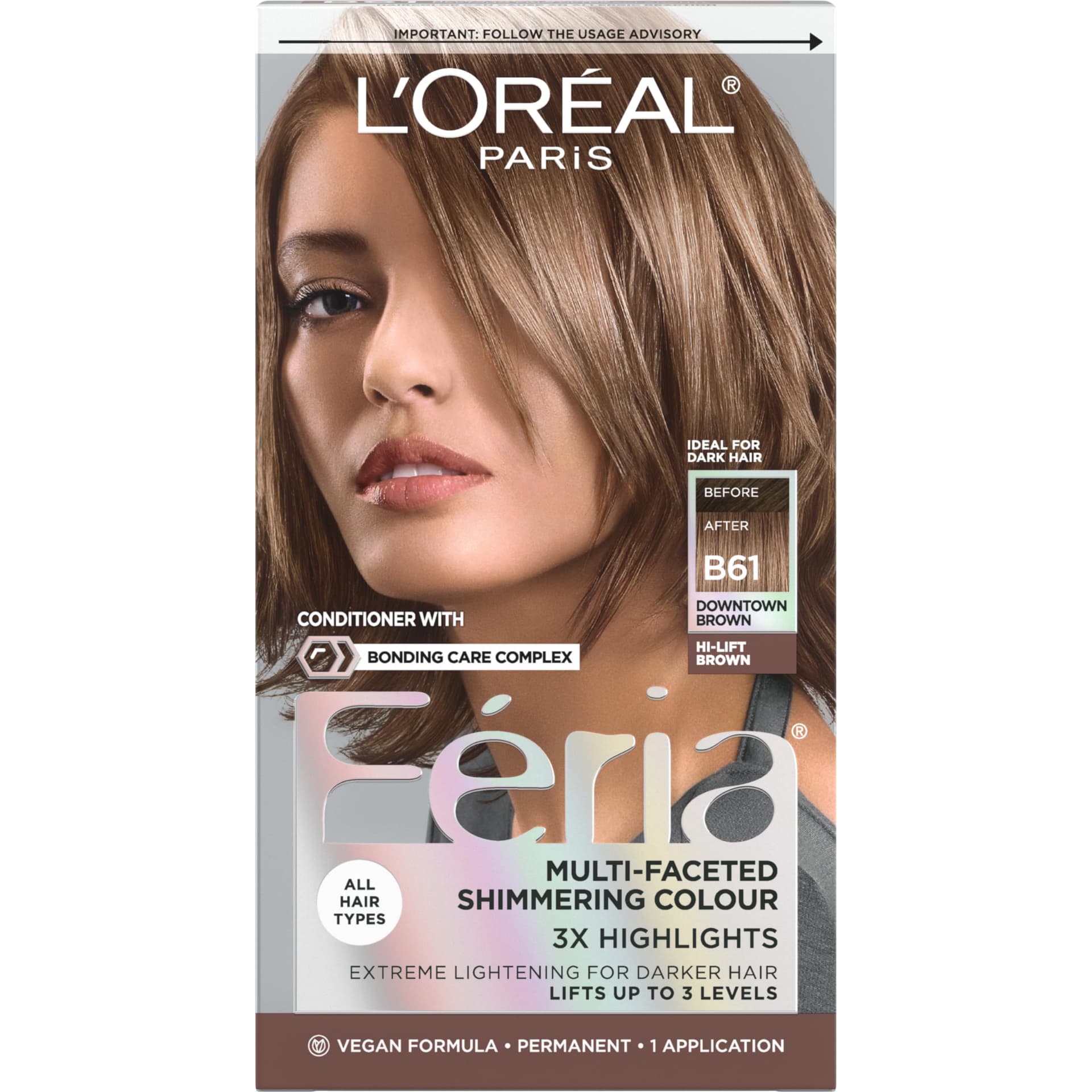 L'Oréal Paris Feria Permanent Hair Color, B61 Downtown Brown (Hi-Lift Cool Brown)