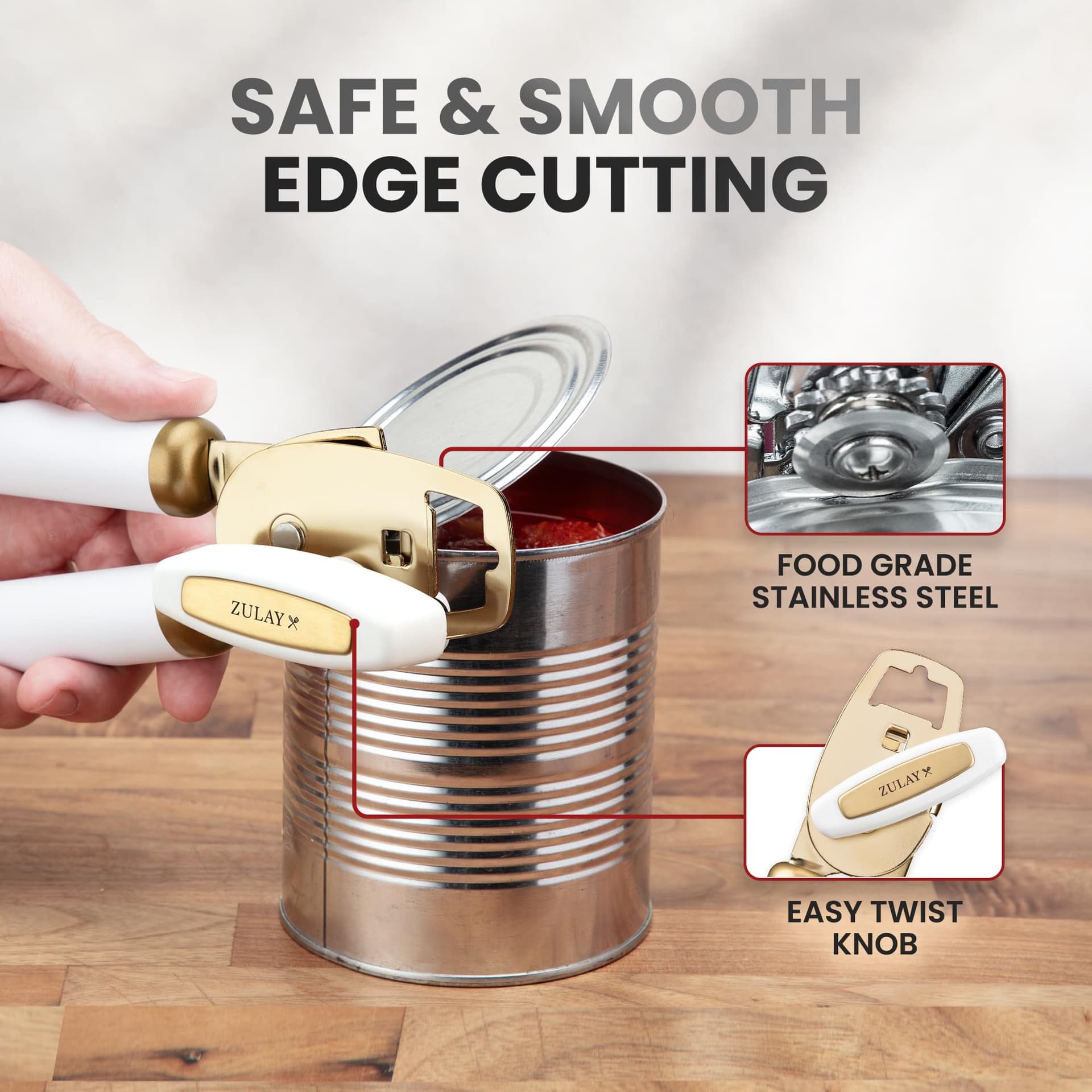 Zulay Kitchen Heavy Duty Stainless Steel Can Opener Manual with Bottle Opener - Rust Proof Manual Can Opener with Turn Knob & Soft Grip Handles - White/Gold thumbnail 4