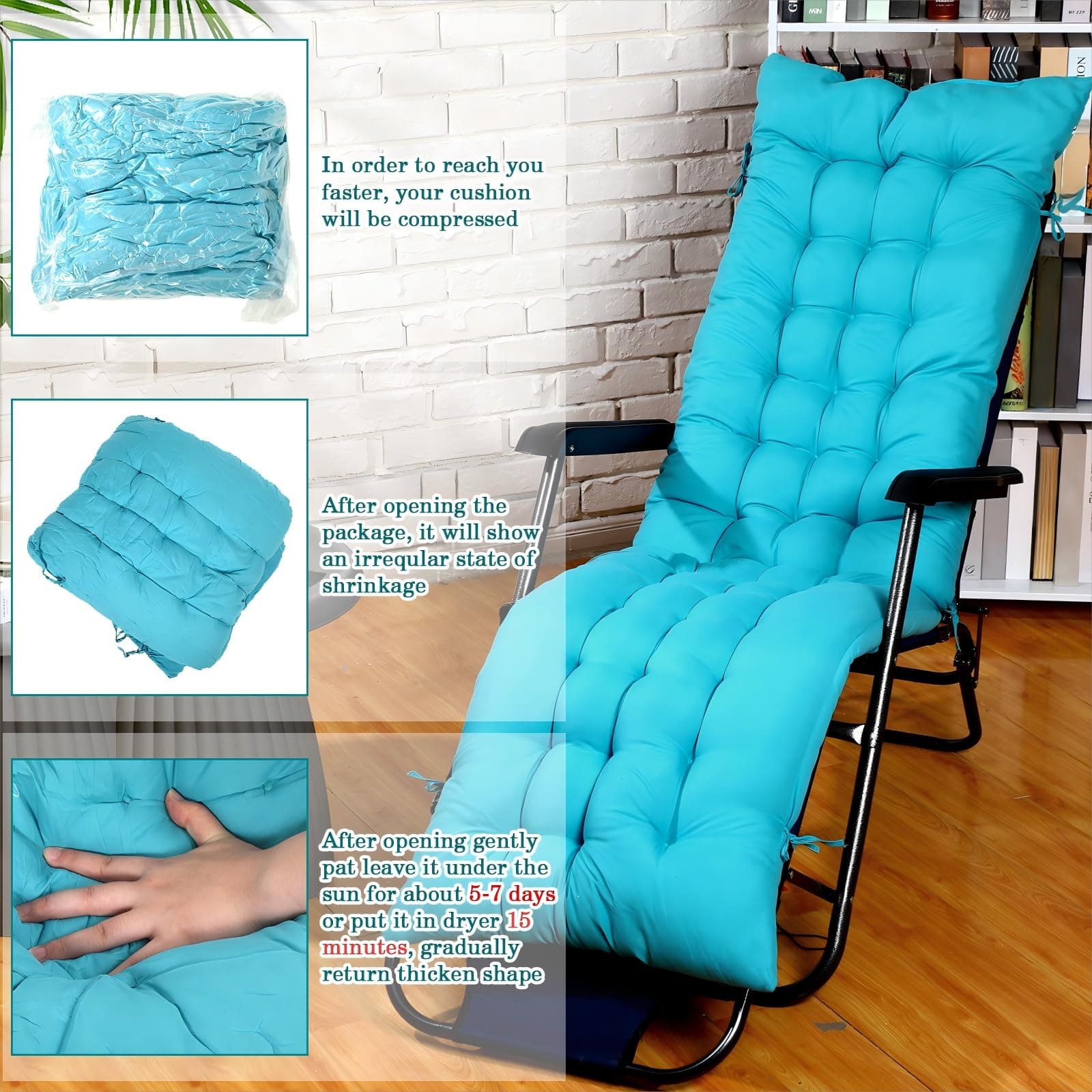 67 x 19 Inch Chaise Lounge Cushions Soft Lounge Chair Cushion Gravity Chair Cushion Sofa Lawn Furniture Cushion Pad with 6 Tie for Outdoor Indoor Patio Home Without Headrest (Lake Blue,2 Pcs) thumbnail 3