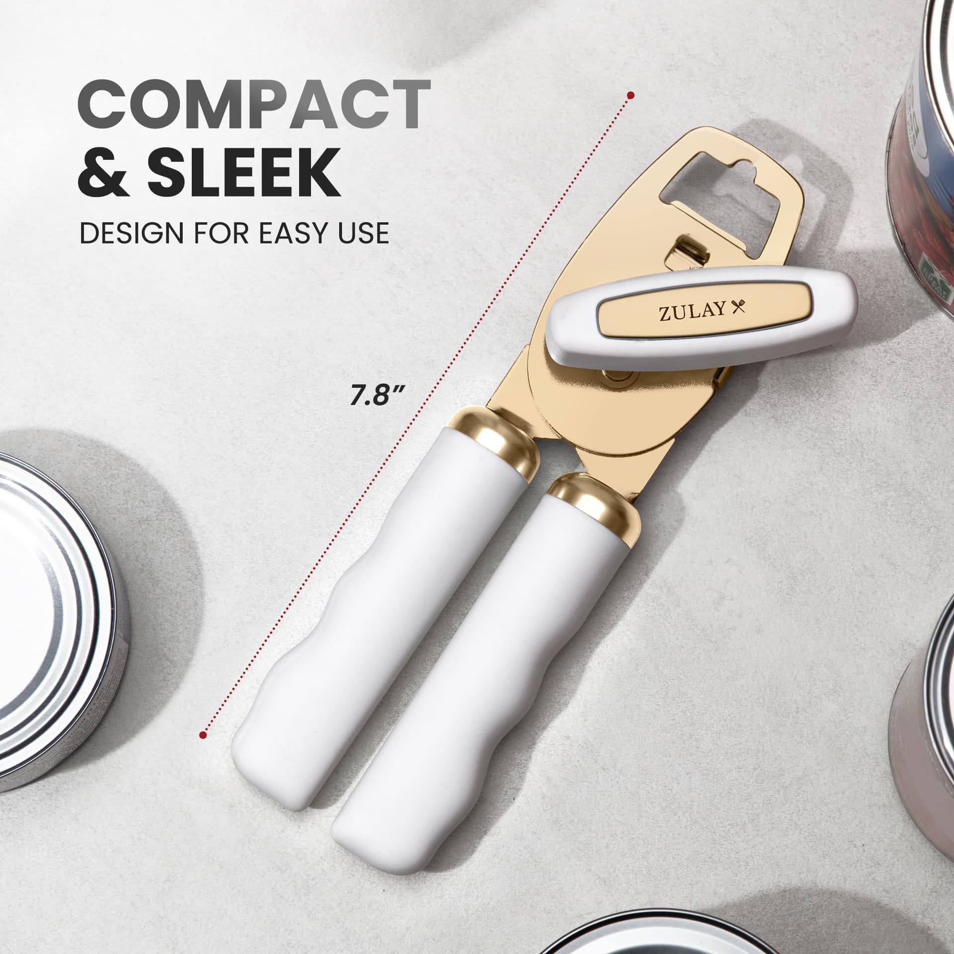 Zulay Kitchen Heavy Duty Stainless Steel Can Opener Manual with Bottle Opener - Rust Proof Manual Can Opener with Turn Knob & Soft Grip Handles - White/Gold thumbnail 2