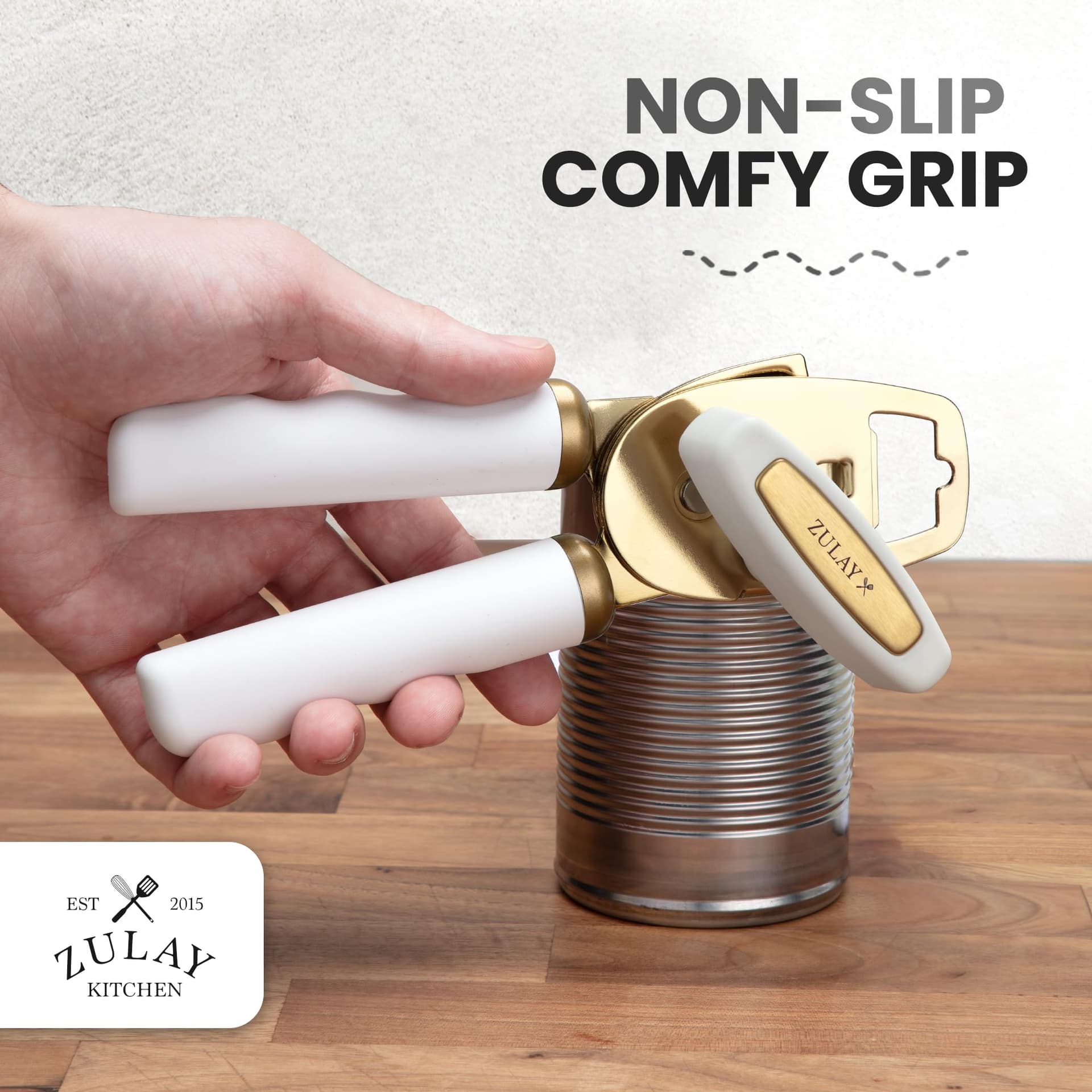 Zulay Kitchen Heavy Duty Stainless Steel Can Opener Manual with Bottle Opener - Rust Proof Manual Can Opener with Turn Knob & Soft Grip Handles - White/Gold thumbnail 5