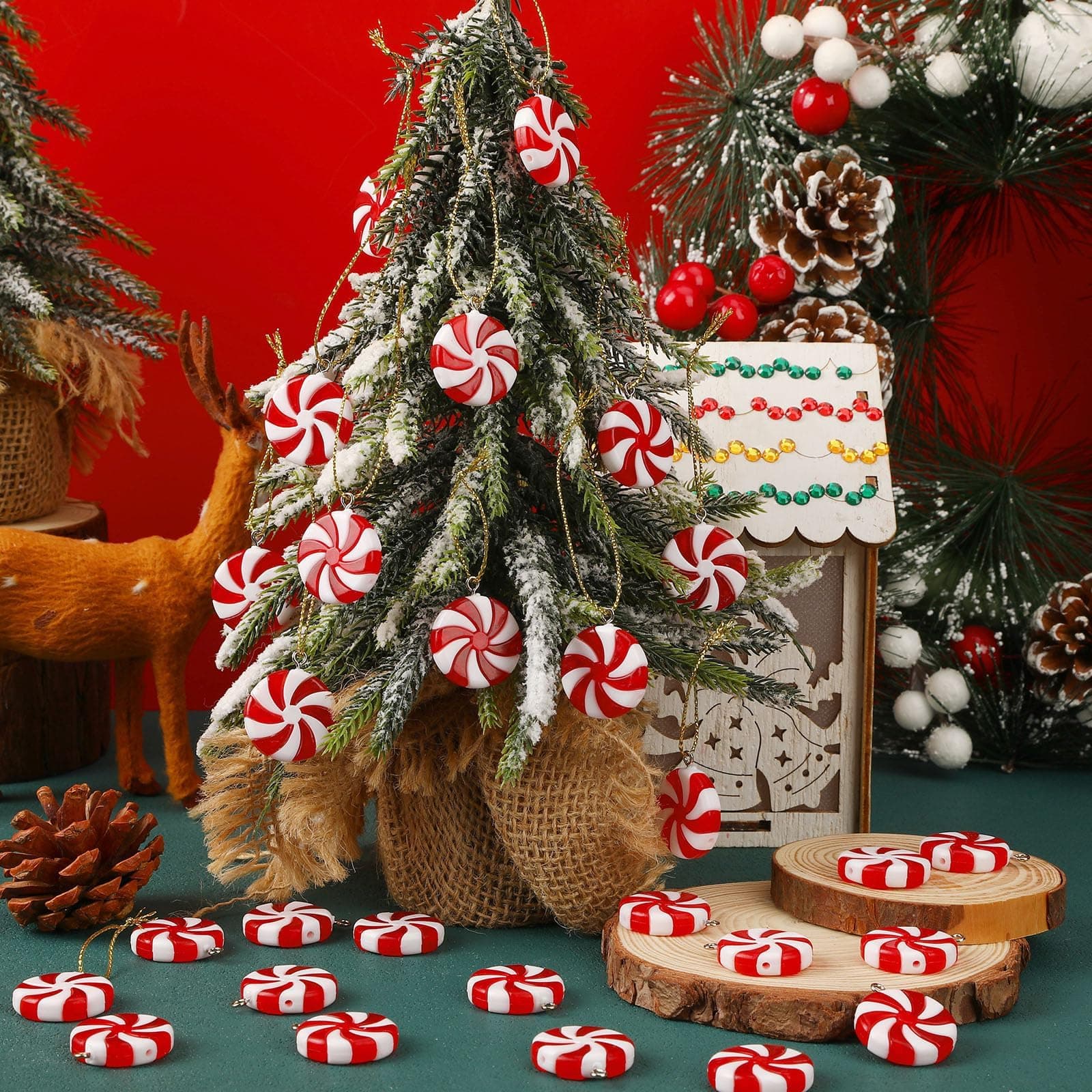 DTOFOOT 36pcs Mini Christmas Peppermint Candy Ornaments Xmas Hanging Windmill Candy Decorations for Tree Candy Charms with String Hanging Pendants for Party Favors Decor（25MM） thumbnail 4