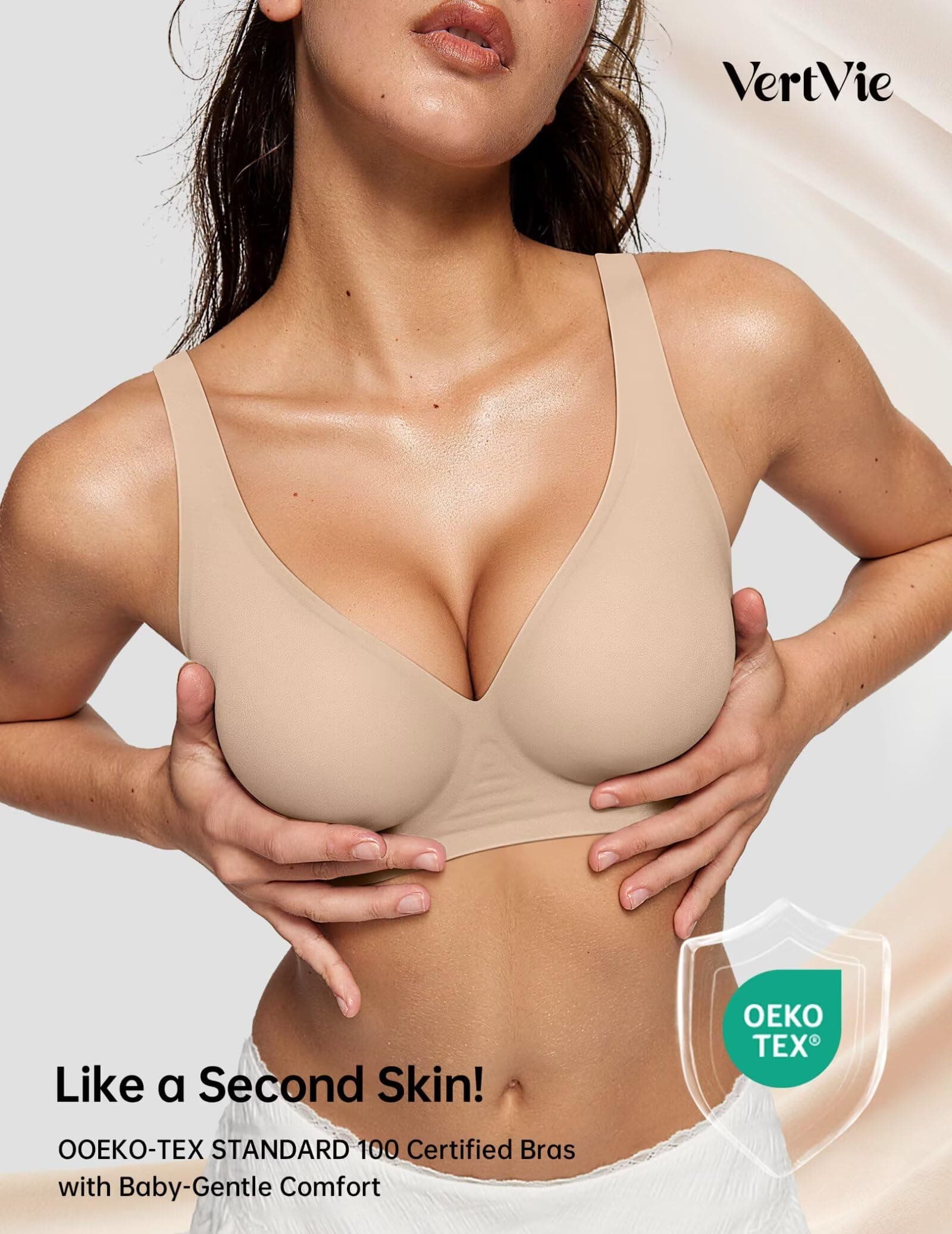 Vertvie Jelly Wireless Bras for Women Push Up Plunge Seamless T-Shirt Bras No Underwire Supportive Full Coverage Bralettes, Dark Nude, Medium thumbnail 4