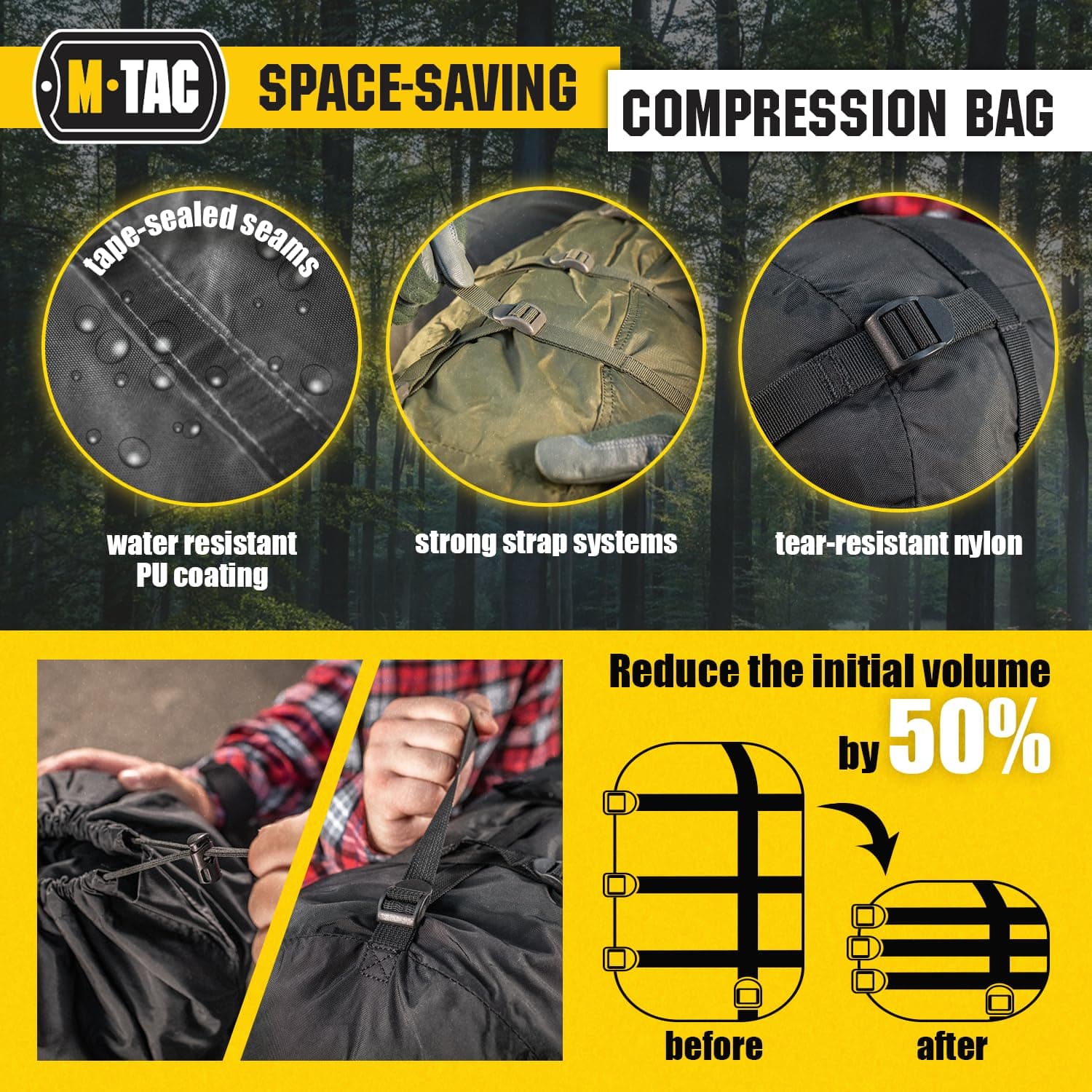 M-Tac Compression Stuff Sack for Sleeping Bag Military Water Resistant Compression Bag Lightweight Nylon Compression Sack for Travel, Camping, Hiking, Outdoor (Black, M - 12 liters) thumbnail 3