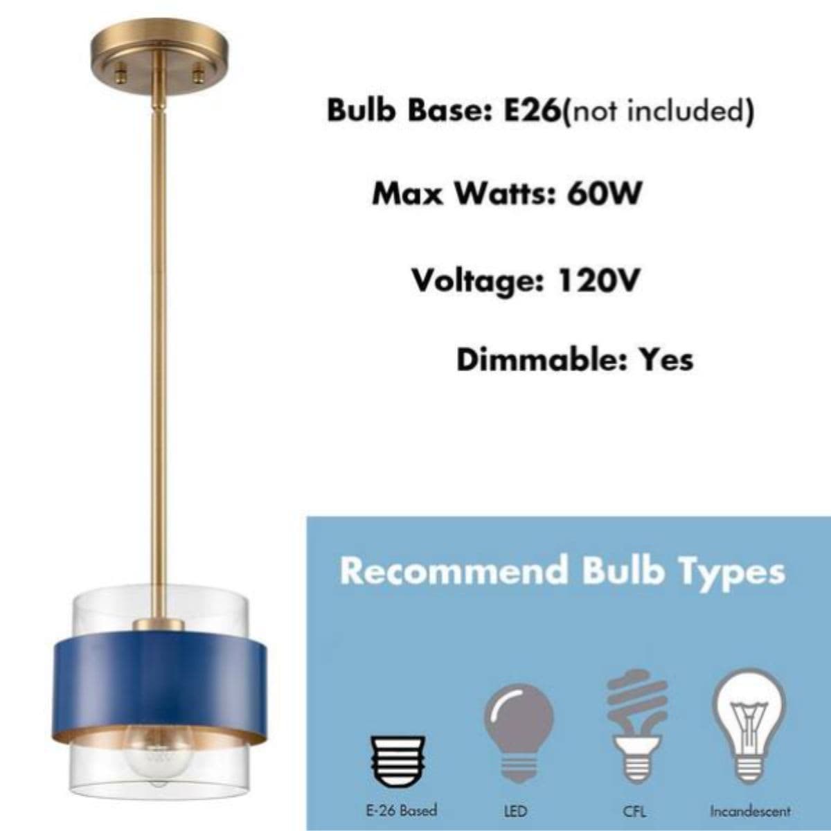 60 Watt 1-Light Gold Finished Shaded Pendant Light with Clear Glass thumbnail 2