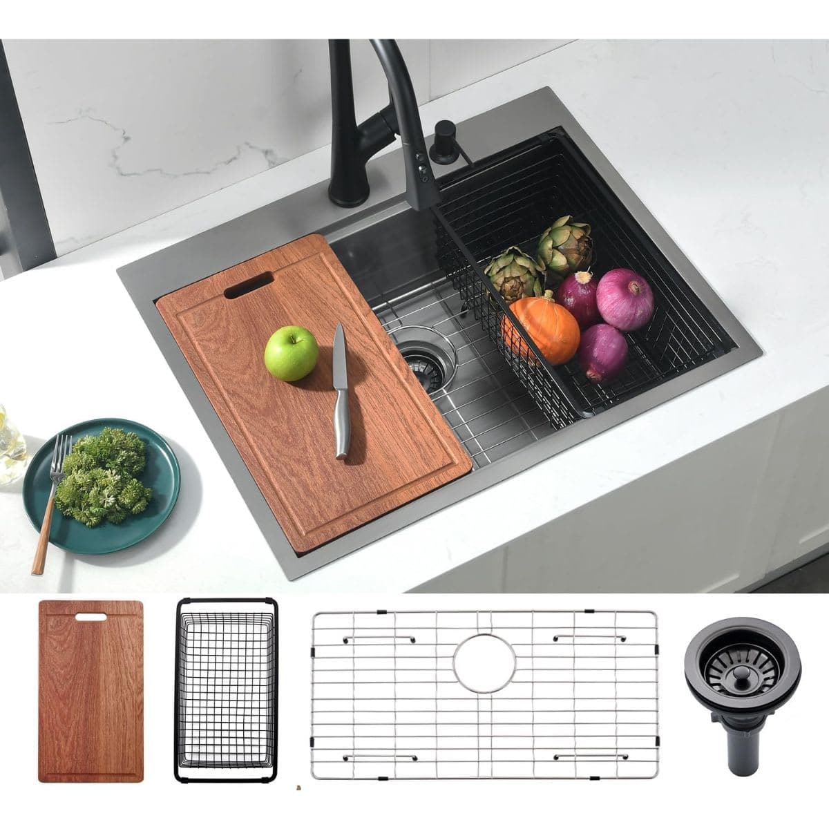 Doirteal 28 Inch Black Drop In Workstation Kitchen Sink, 28 x 22 x 10 Inch Topmount 16 Gauge Stainless Steel Single Bowl Workstation Kitchen Sink — image 1