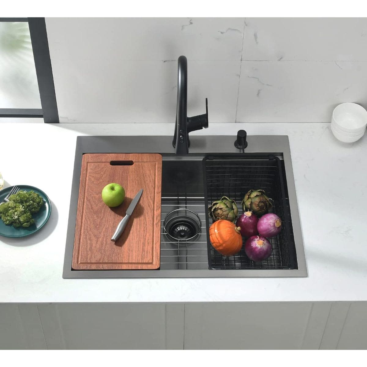 Doirteal 28 Inch Black Drop In Workstation Kitchen Sink, 28 x 22 x 10 Inch Topmount 16 Gauge Stainless Steel Single Bowl Workstation Kitchen Sink thumbnail 2