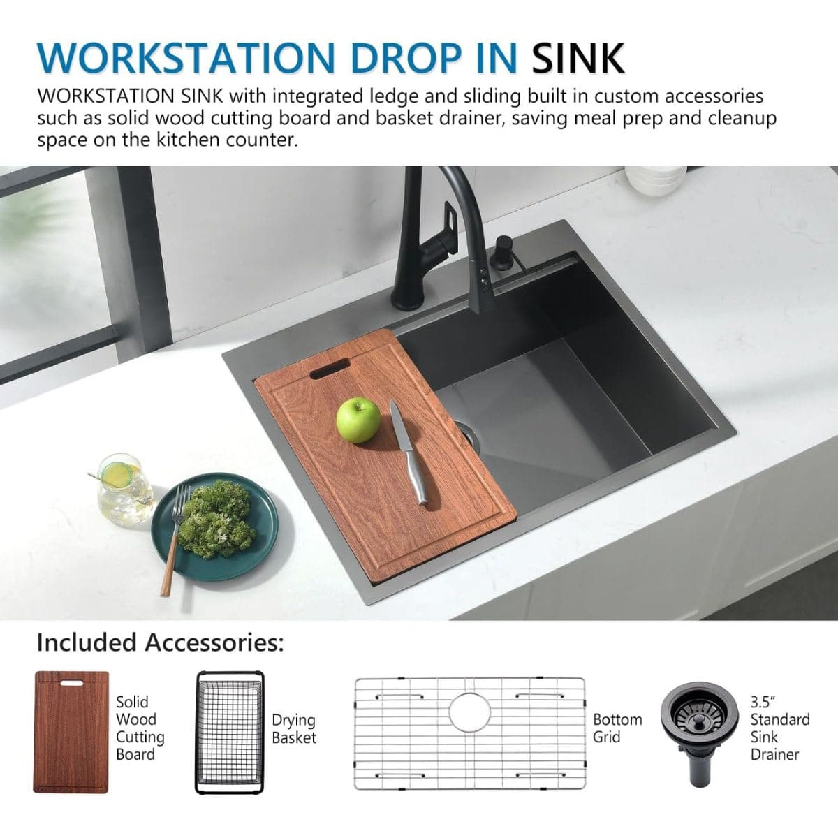 Doirteal 28 Inch Black Drop In Workstation Kitchen Sink, 28 x 22 x 10 Inch Topmount 16 Gauge Stainless Steel Single Bowl Workstation Kitchen Sink thumbnail 5