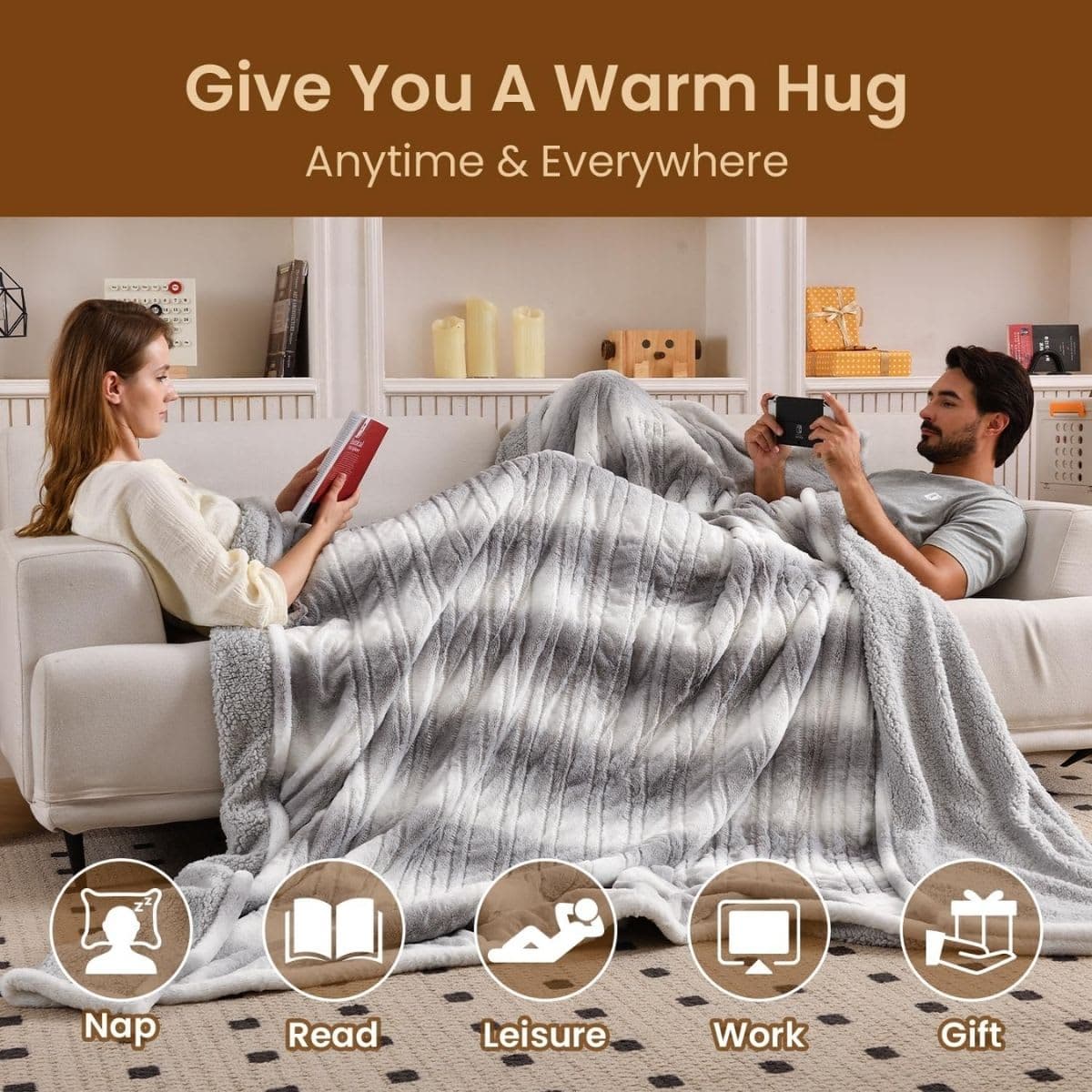 Bearhug Electric Blanket Full Size 77" x 84", 10 Heat Settings Heated Blanket, 1-12 Hour Auto Shut-Off, Faux Fur & Sherpa Dual-Sided Heating Blanket, Machine Washable, Gift-Ready Elegant Packaging thumbnail 5