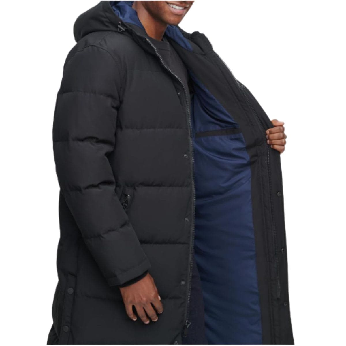 DKNY Men's Arctic Cloth Hooded Extra Long Parka Jacket, Black,  White on the inside, Small. thumbnail 3
