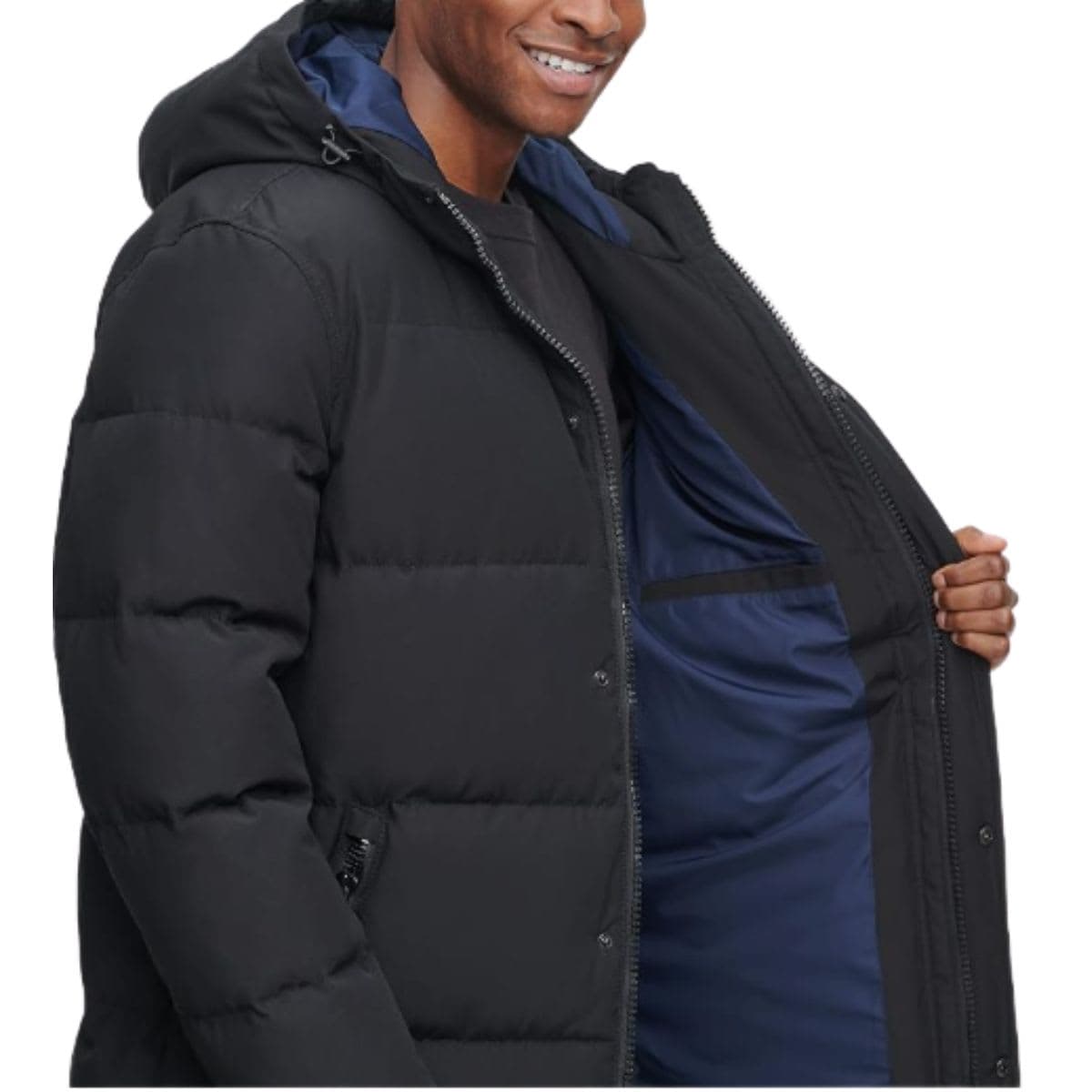 DKNY Men's Arctic Cloth Hooded Extra Long Parka Jacket, Black,  White on the inside, Small. thumbnail 6