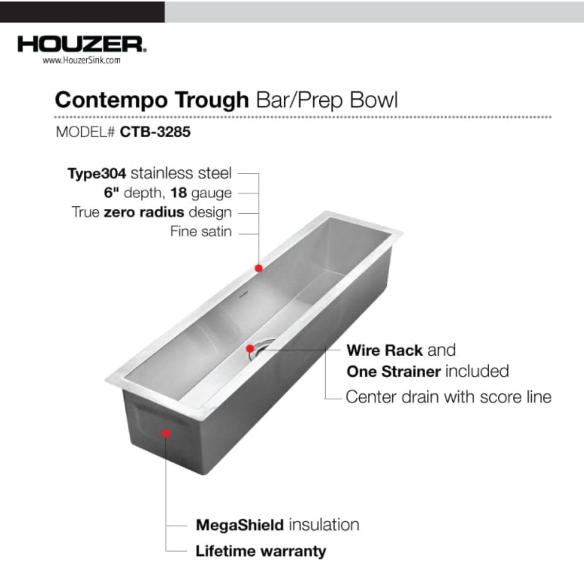 Houzer Contempo Undermount Stainless Steel Sink 30x6.5 Inch thumbnail 2