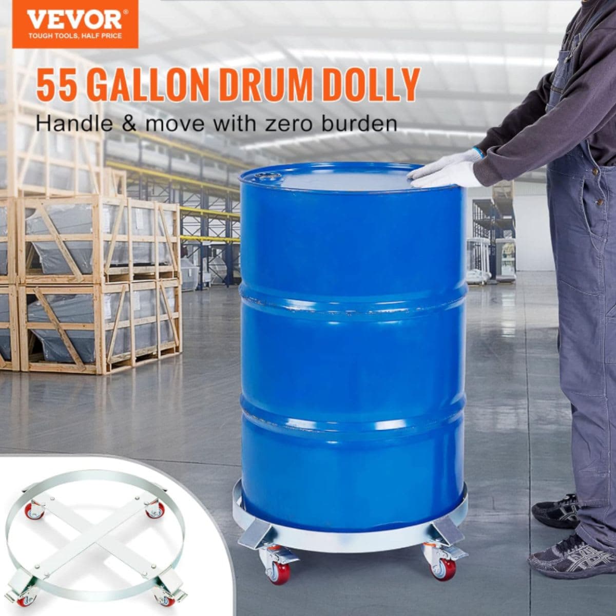 VEVOR 55 Gallon Heavy Duty Drum Dolly, 1000lbs Load Capacity, Barrel Dolly Cart Drum Caddy, Non Tipping Hand Truck Capacity Dollies with Steel Frame 4 Swivel Casters Wheel, for Warehouse Drum Handling thumbnail 3