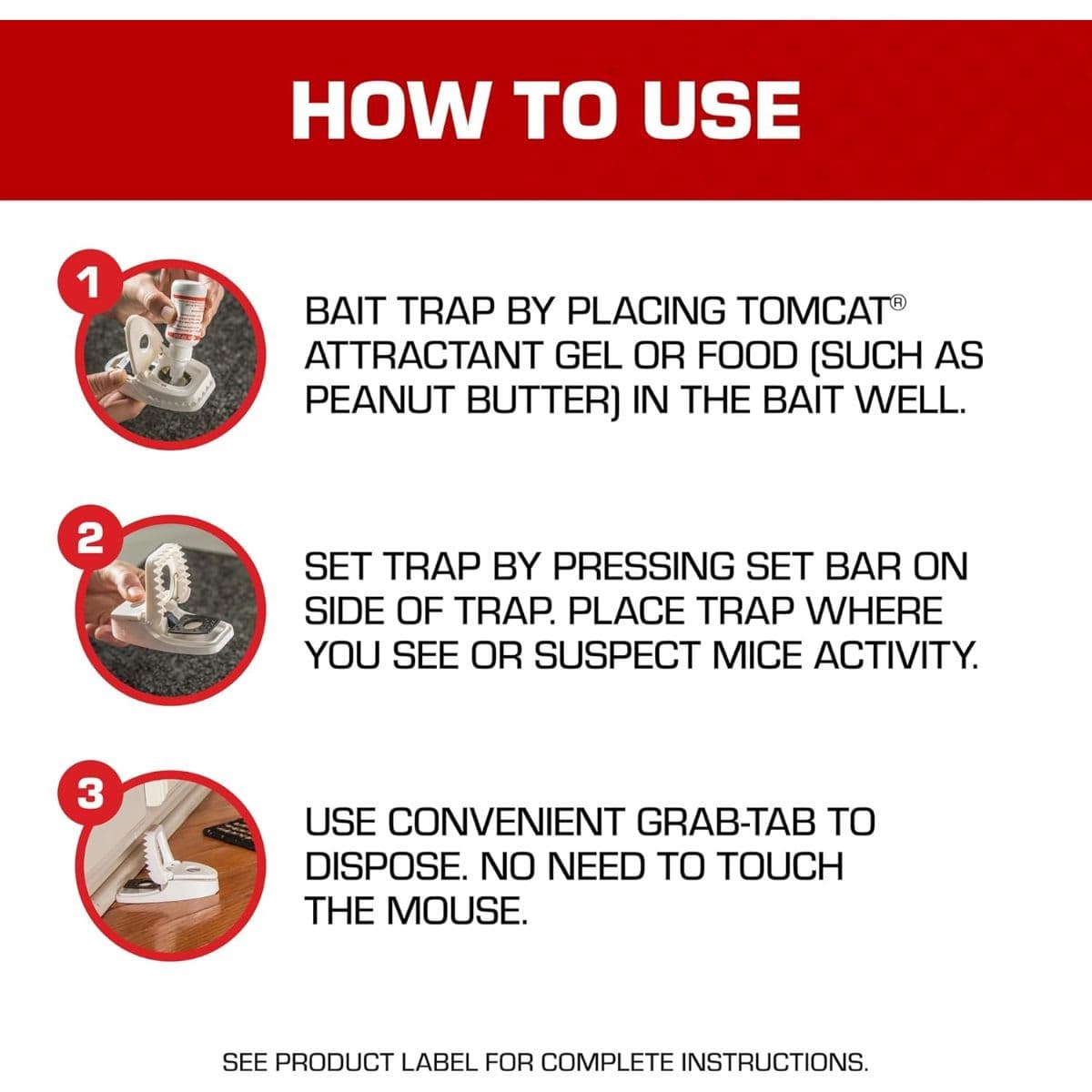 Tomcat Press 'N Set Mouse Trap for Indoor or Outdoor Use, Plastic Spring-Loaded Mouse Killer with Grab Tab, 2 Traps thumbnail 6