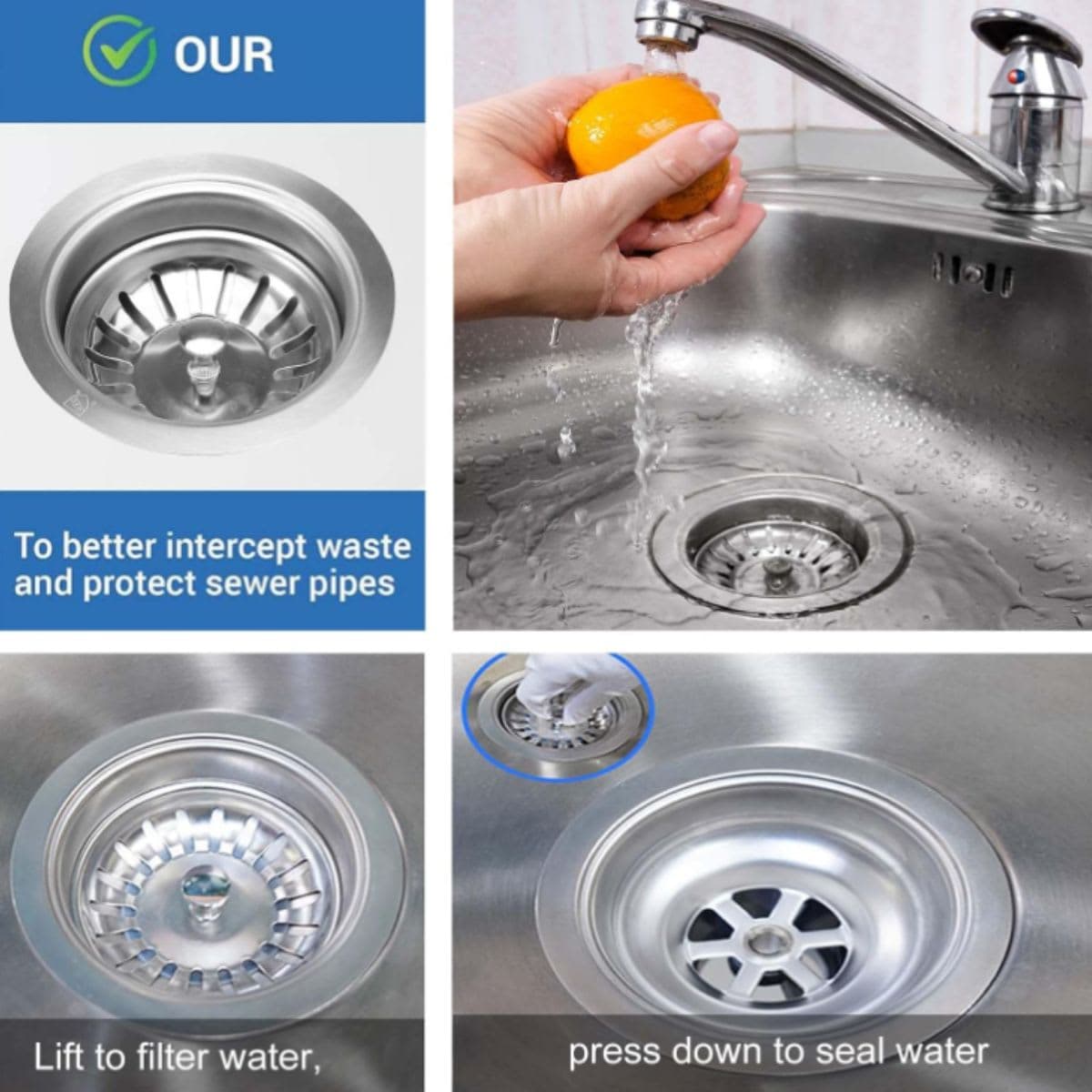 QruiLanTu 3-1/2 Inch Kitchen Sink Drain Assembly Kit Stainless Steel Sink Strainer Drain Basket Replacement with Sink Stopper Sealing Lid for Kitchen Bathroom Drain Kit thumbnail 4