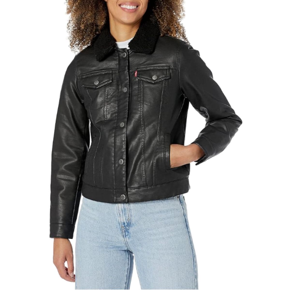 Levi's Womens Classic Sherpa Lined Trucker Jacket (Standard & Plus Sizes) Faux Trucker(Standard and Plus), Black and Black, Large