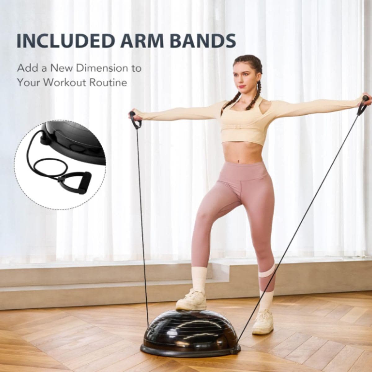 ZELUS Balance Ball Trainer with Resistance Bands & Foot Pump, Inflatable Yoga Ball for Home Gym Workouts, 23 Inch Exercise Half Ball for Balance Training Core Strength Fitness, 330lb Cap(Black) thumbnail 5