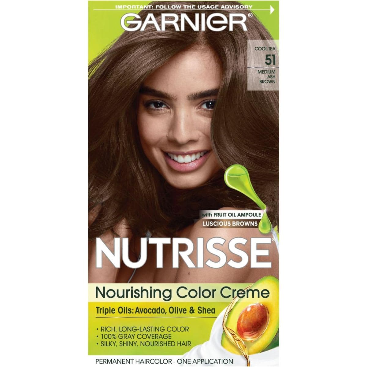 Garnier Nutrisse Nourishing Hair Color Creme, 51 Medium Ash Brown (Cool Tea) (Packaging May Vary)