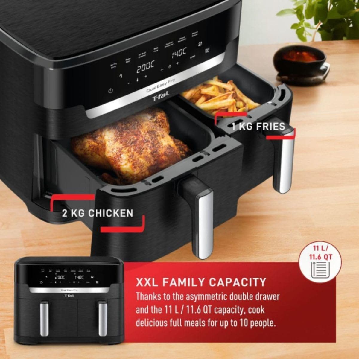 T-fal XXL Dual Air Fryer, 11.6 Quart, 7 in 1 cooking programs, dual basket air fryer, airfryer, extra crisp, roast, bake, reheat, dehydrate, sync mode, Dishwasher Safe components, Black thumbnail 3