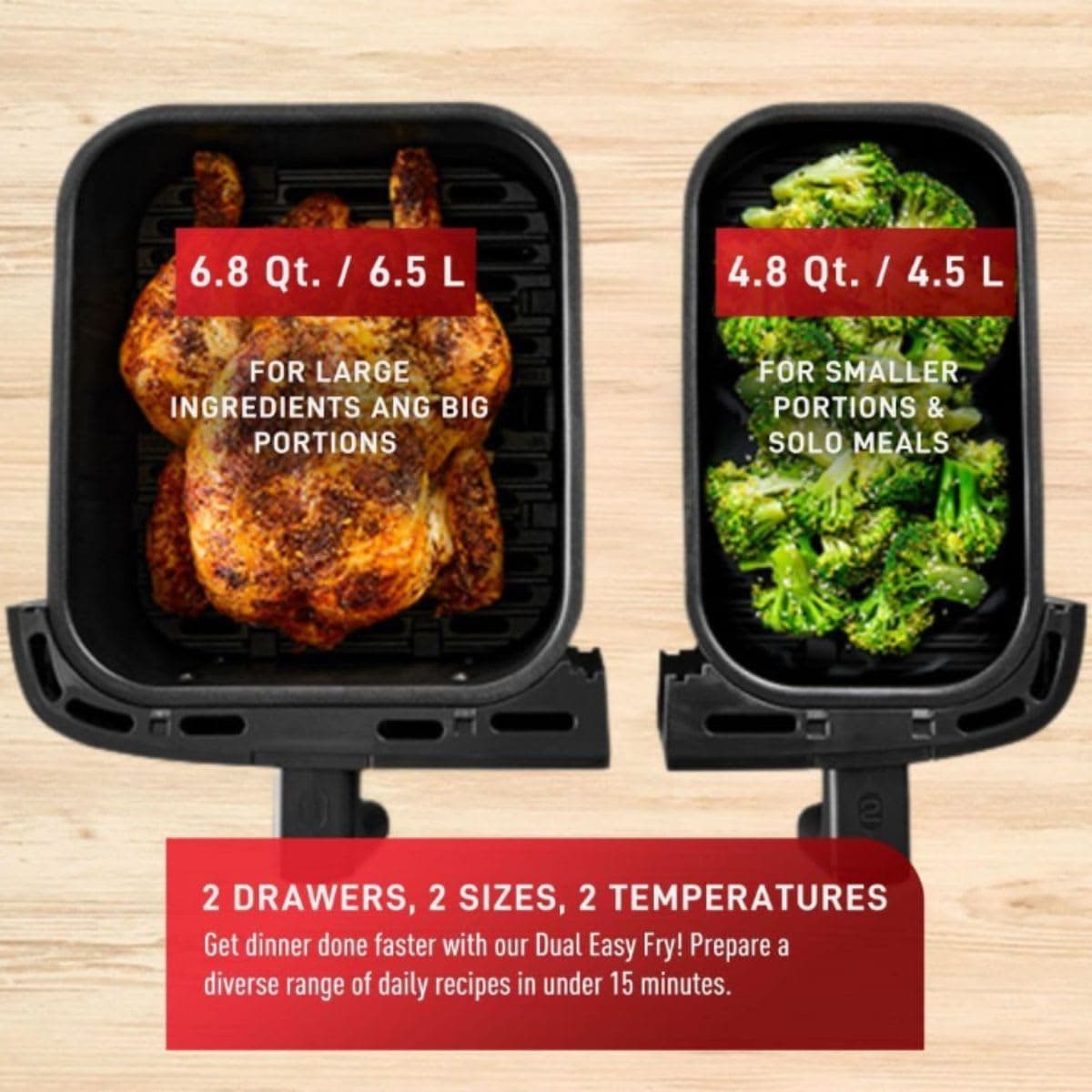 T-fal XXL Dual Air Fryer, 11.6 Quart, 7 in 1 cooking programs, dual basket air fryer, airfryer, extra crisp, roast, bake, reheat, dehydrate, sync mode, Dishwasher Safe components, Black thumbnail 4