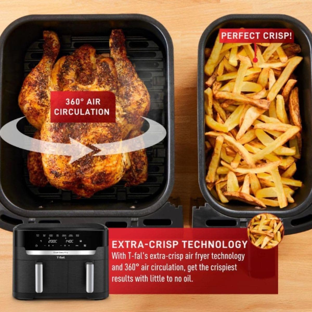 T-fal XXL Dual Air Fryer, 11.6 Quart, 7 in 1 cooking programs, dual basket air fryer, airfryer, extra crisp, roast, bake, reheat, dehydrate, sync mode, Dishwasher Safe components, Black thumbnail 6
