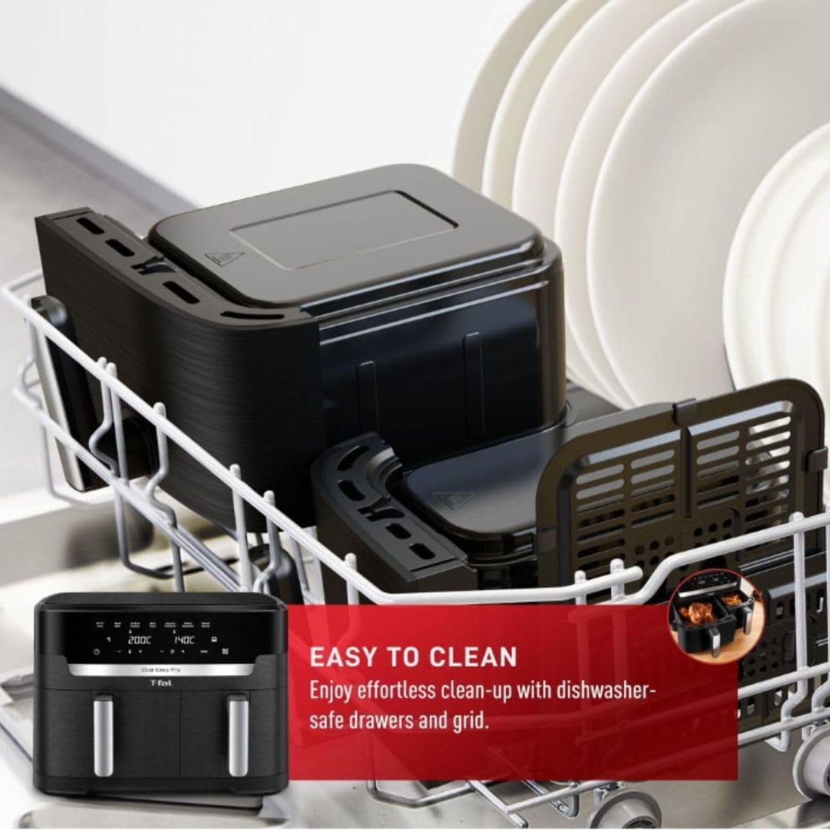 T-fal XXL Dual Air Fryer, 11.6 Quart, 7 in 1 cooking programs, dual basket air fryer, airfryer, extra crisp, roast, bake, reheat, dehydrate, sync mode, Dishwasher Safe components, Black thumbnail 7