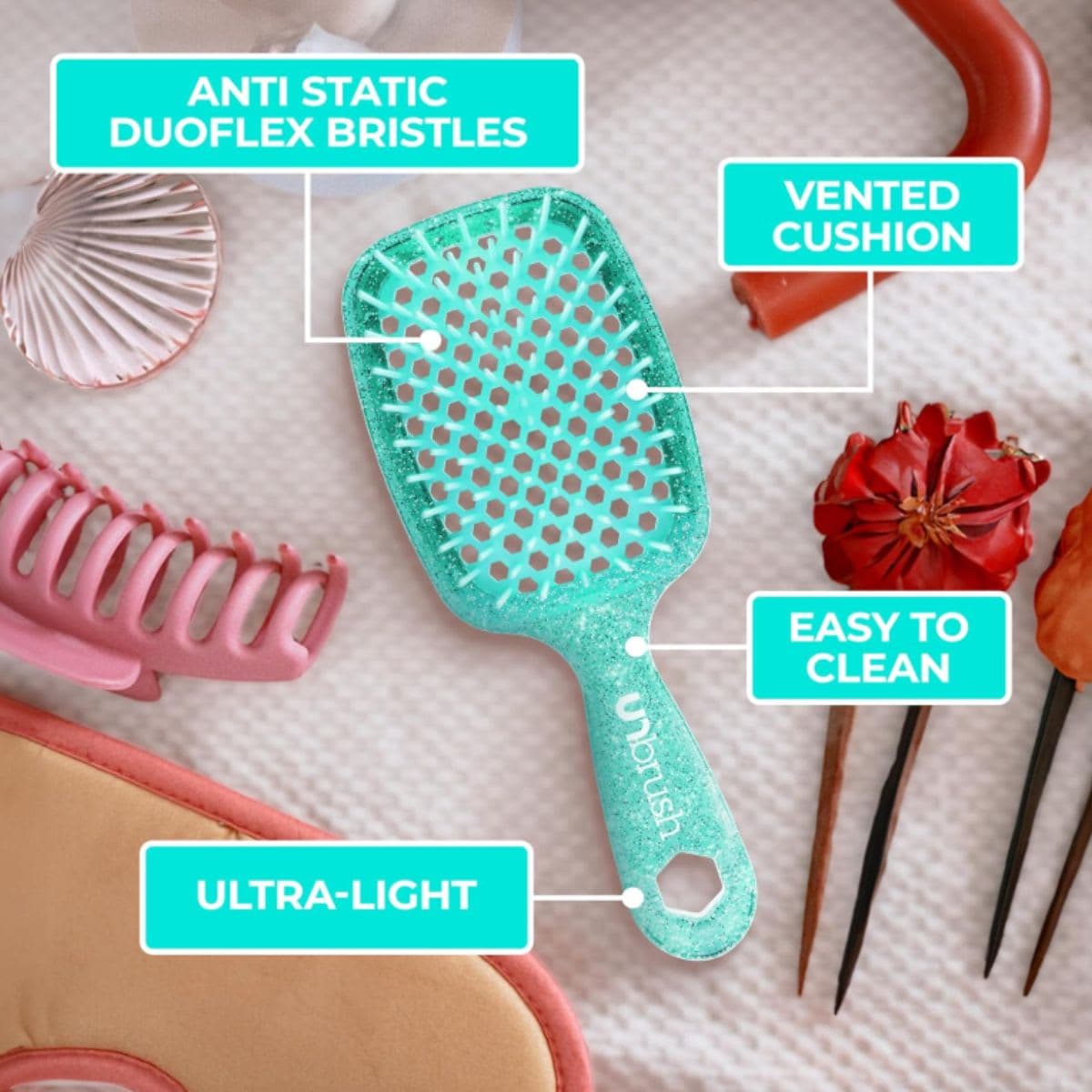 FHI Heat UNbrush Detangling Brush for Pain-Free Brushing on All Wet or Dry Hair Types — Durable DuoFlex Anti-Static Bristles, Lightweight Handle, Vented Hair Brush, Turquoise Green thumbnail 4